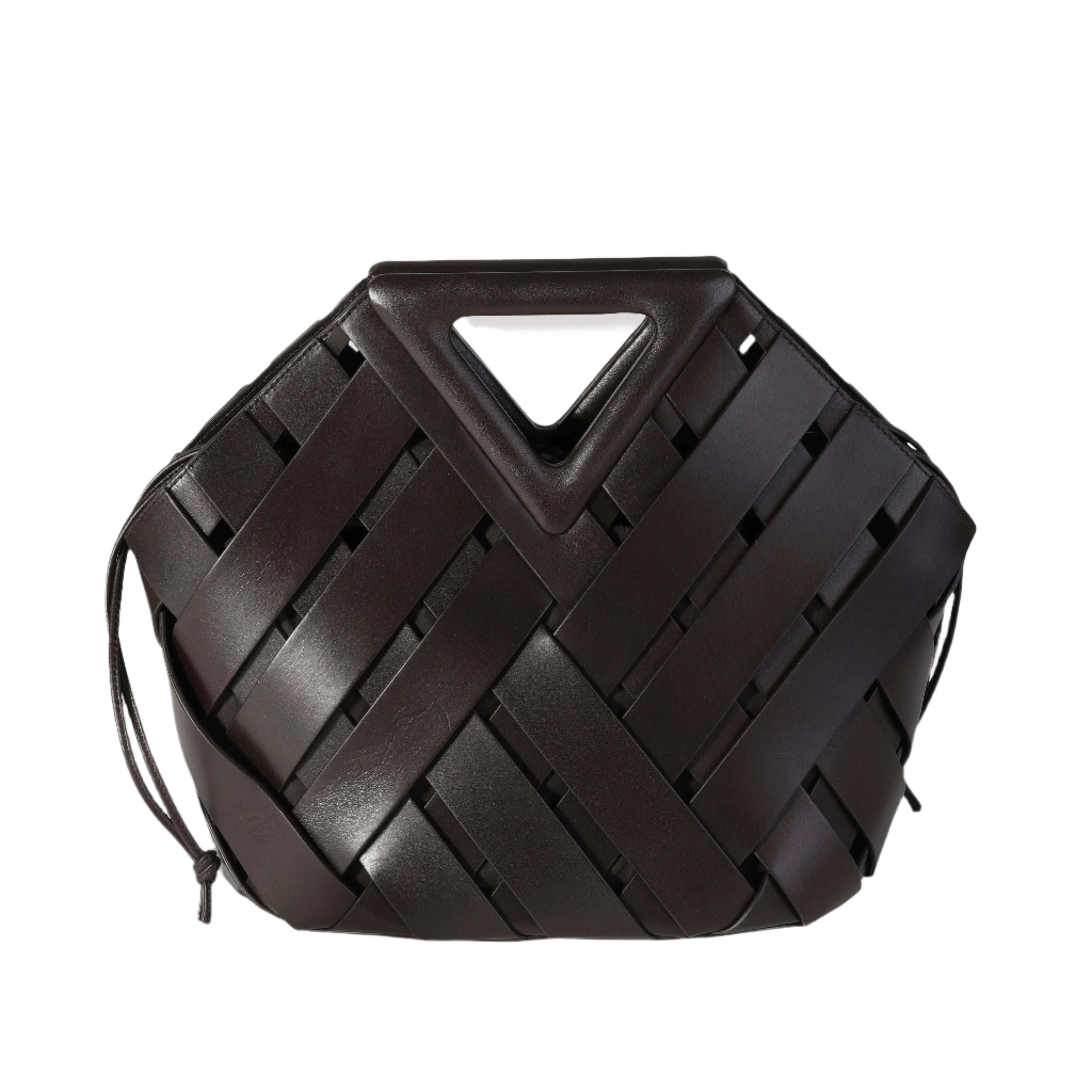Dark Brown Leather V Woven Drawstring Tote Bag