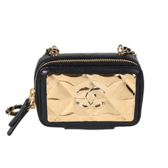 Gold Metal & Black Lambskin Mini Vanity Bag