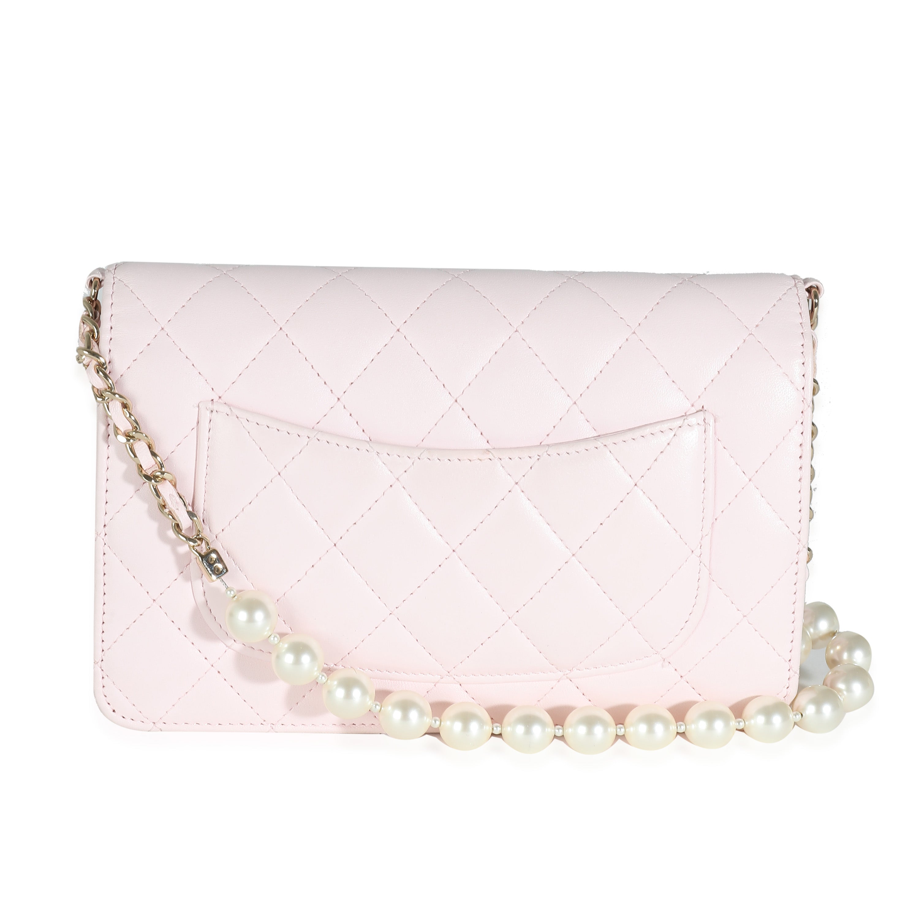 Pale Pink Lambskin Pearl Wallet On Chain