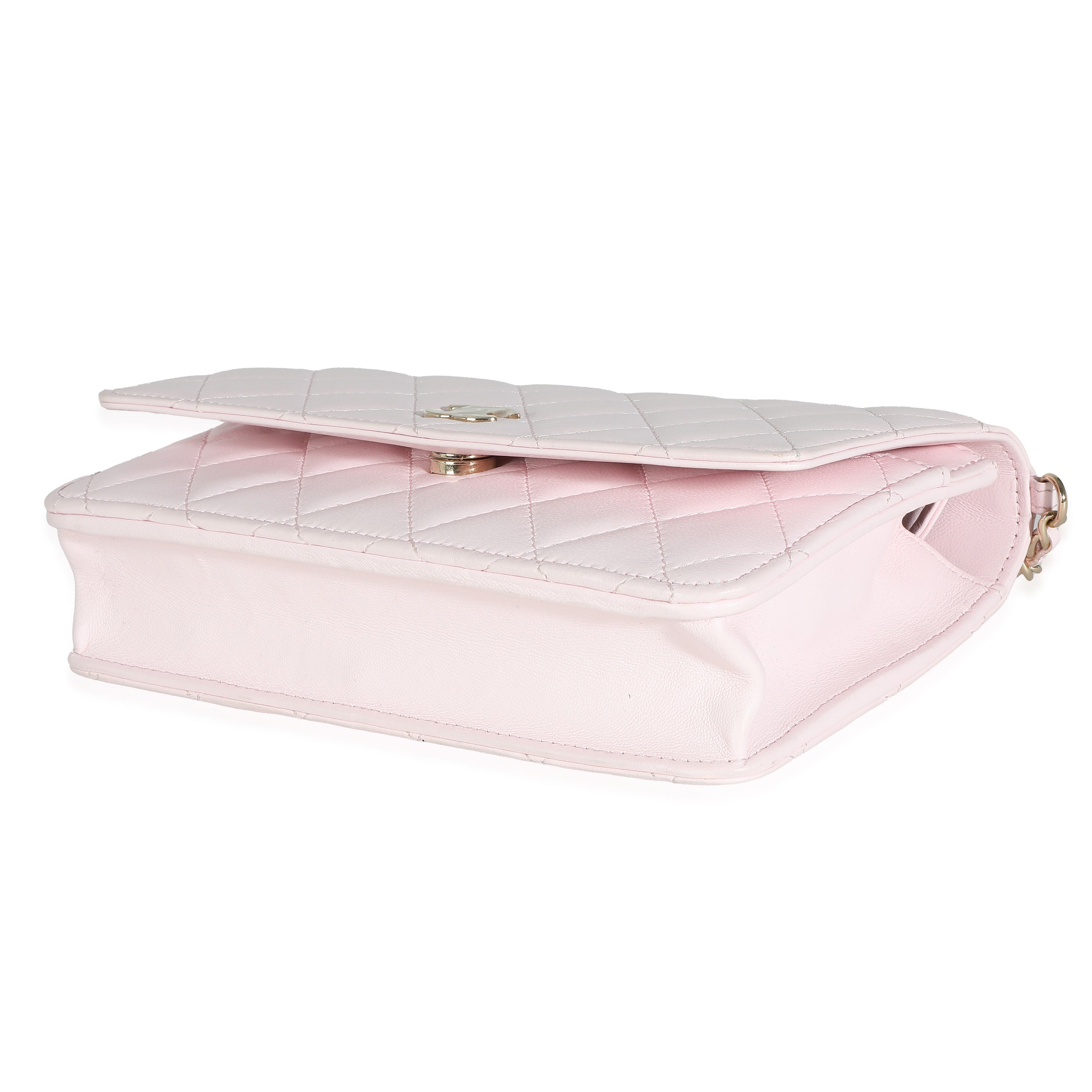 Pale Pink Lambskin Pearl Wallet On Chain