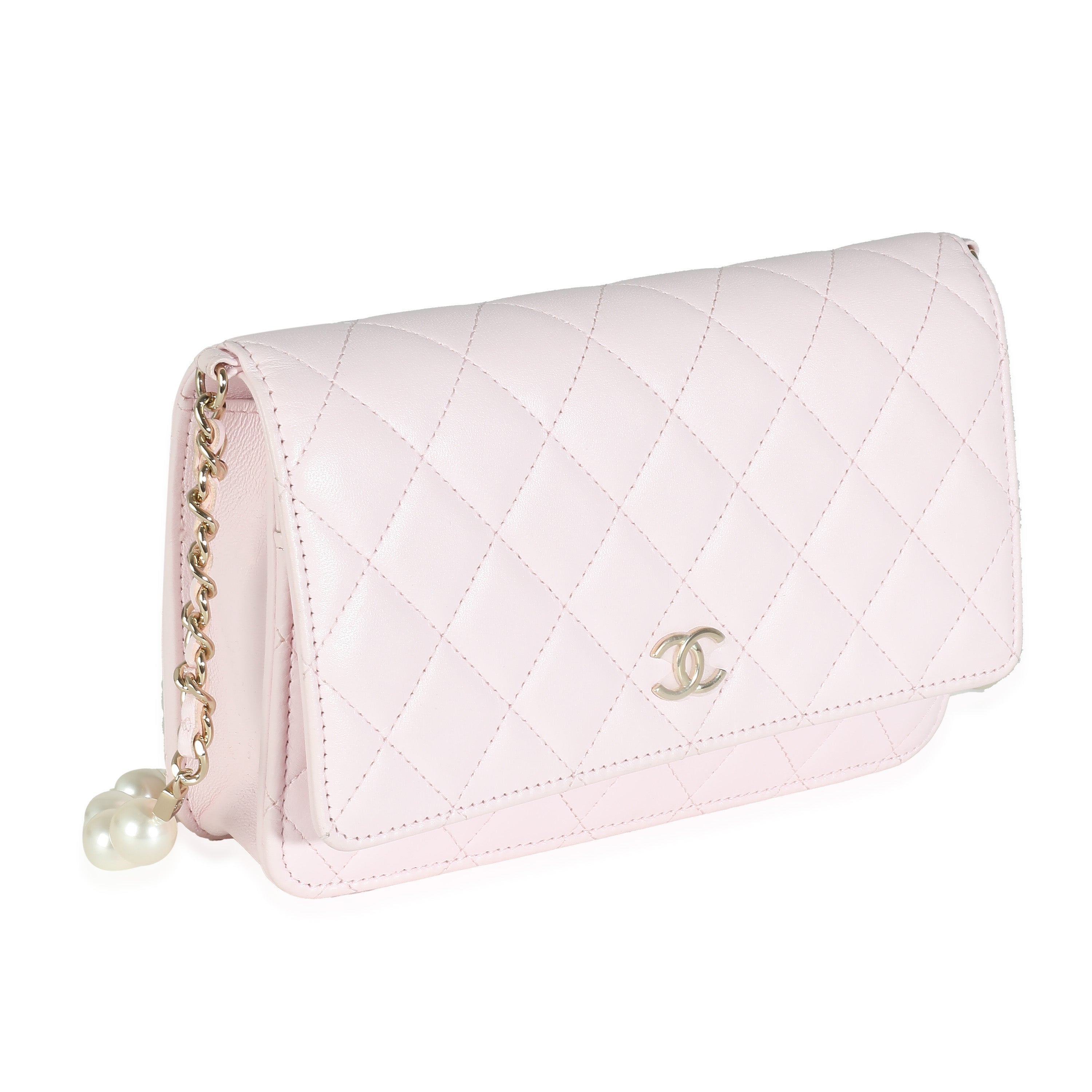 Pale Pink Lambskin Pearl Wallet On Chain