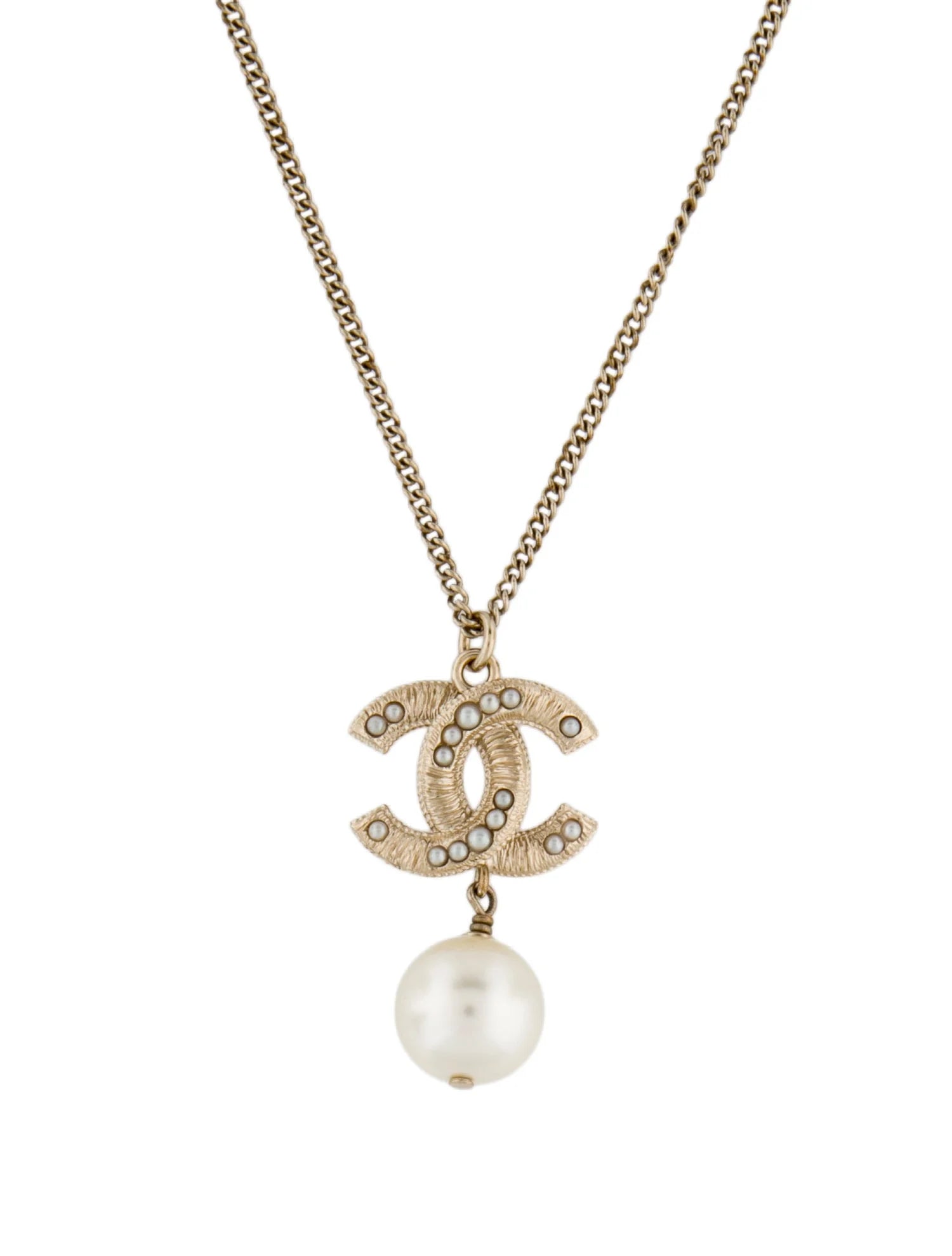 Gold Tone/Pearl CC Drop Necklace
