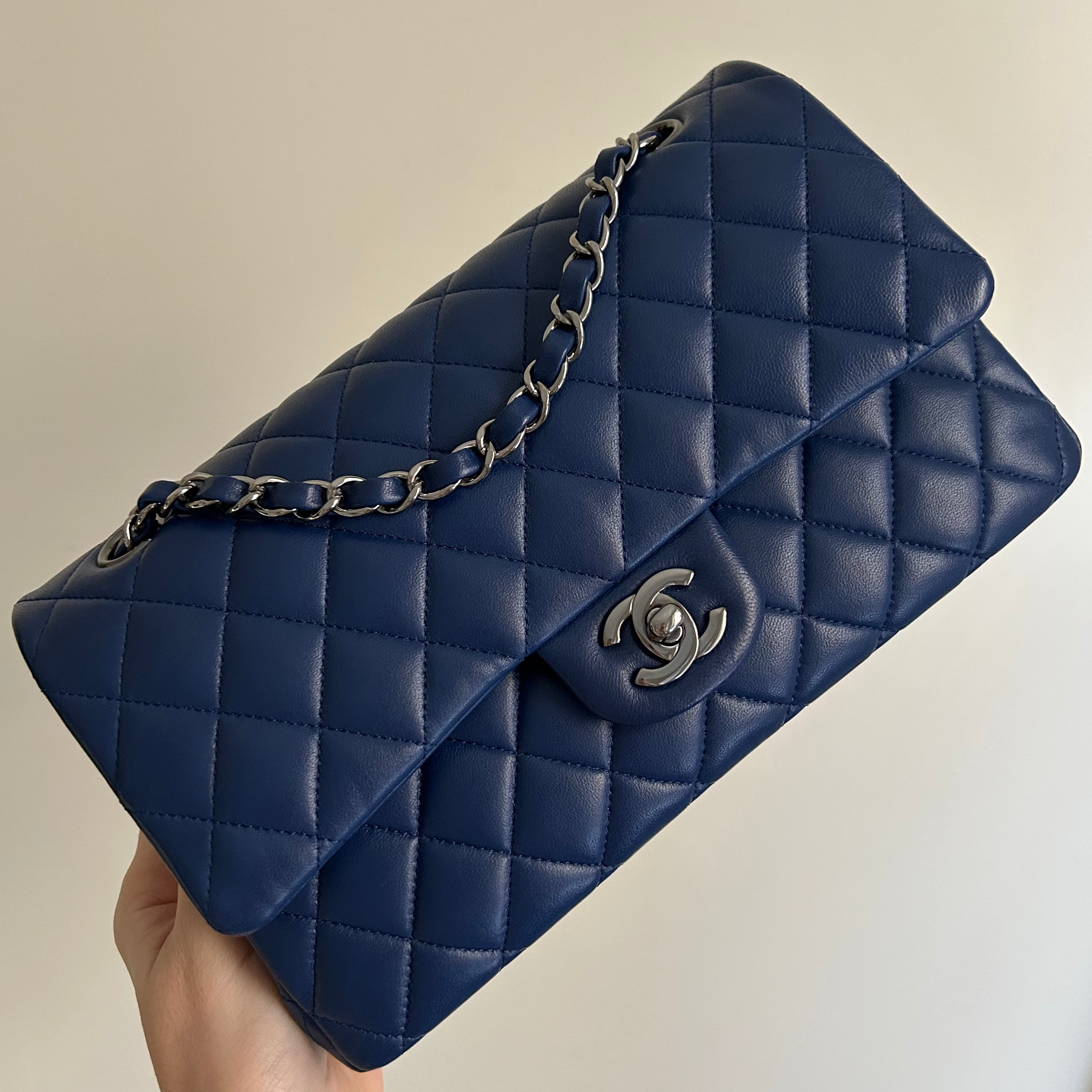 Navy Blue Lambskin Medium Classic Flap