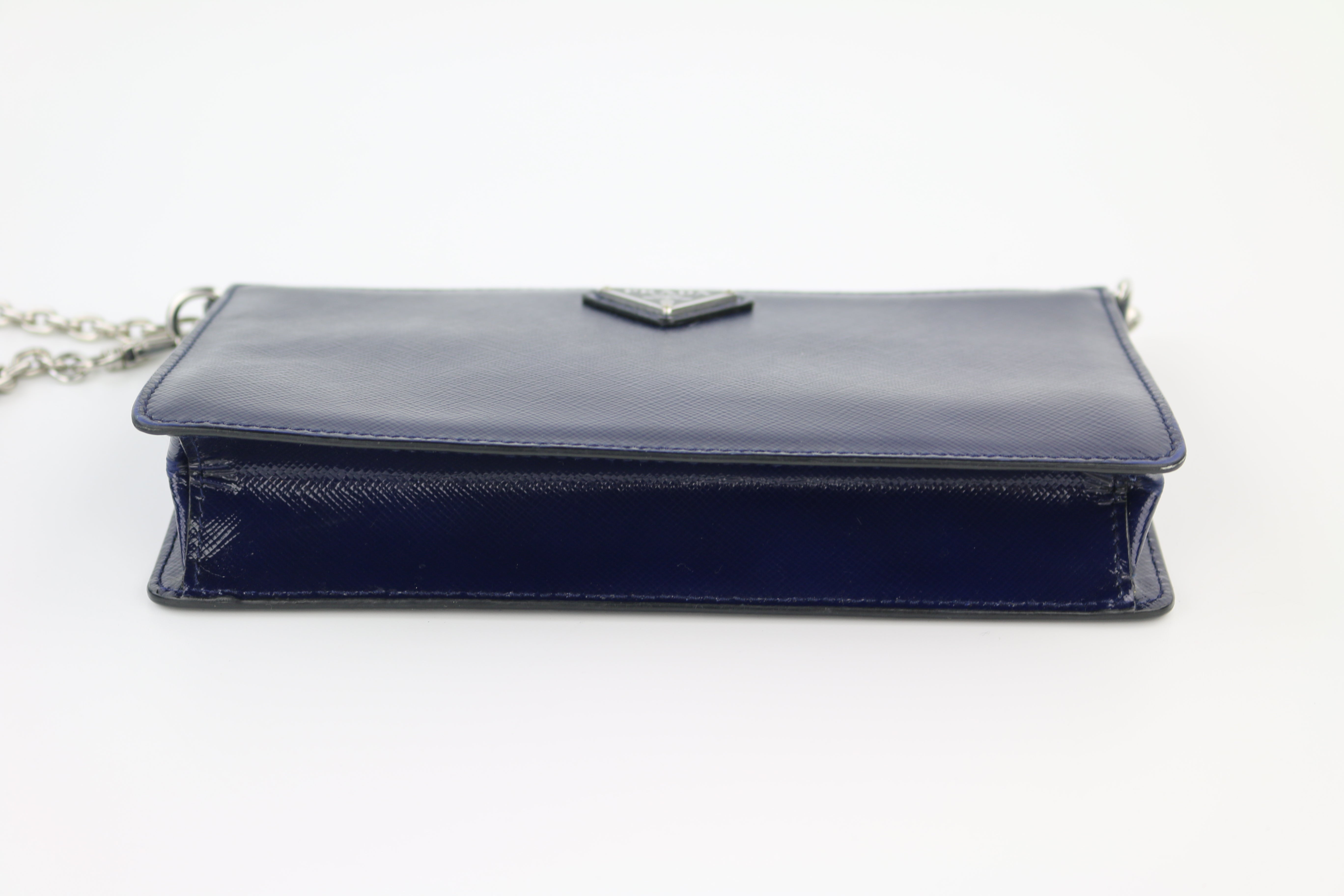 Navy Blue Saffiano Vernice Chain Crossbody Bag