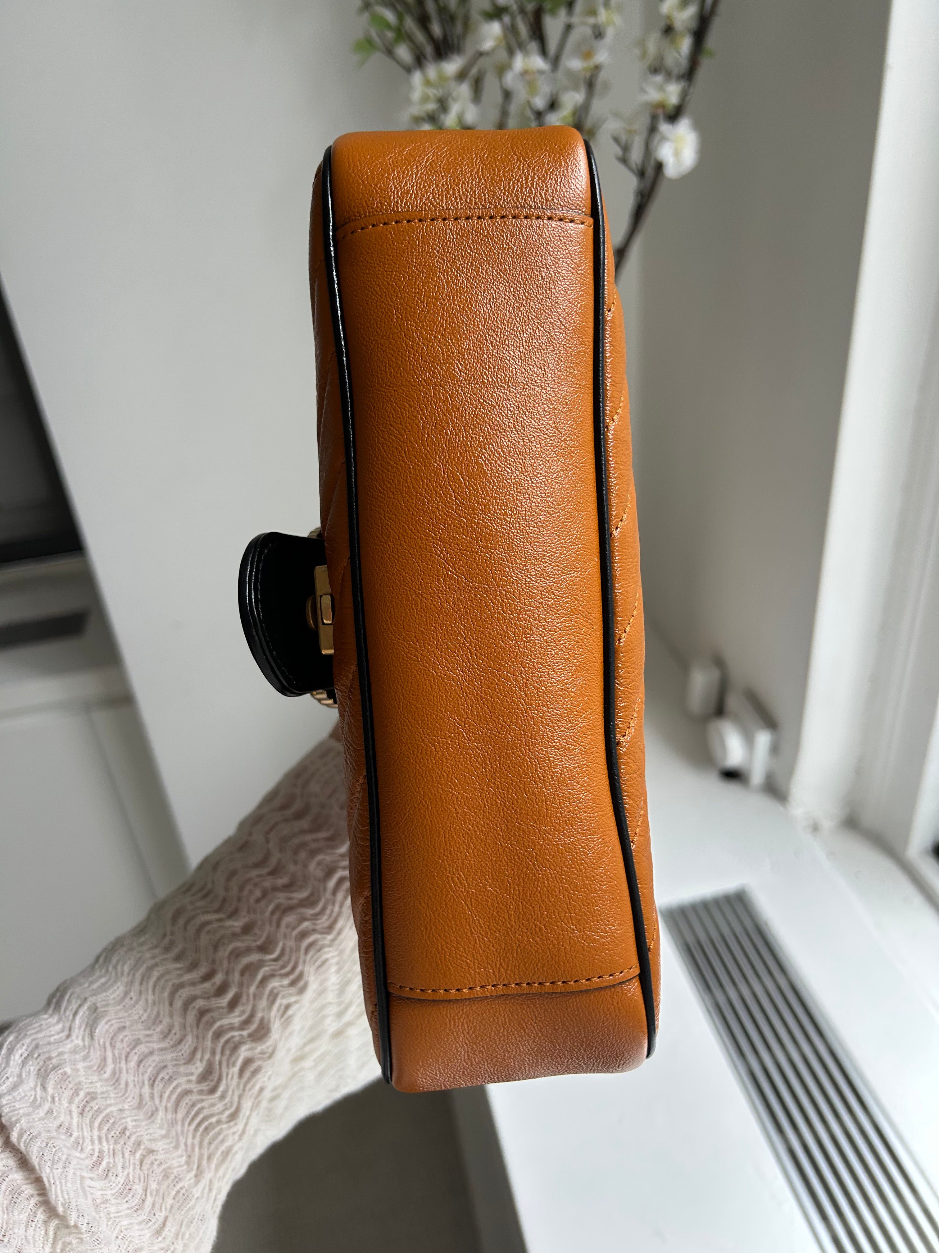 Cognac Calfskin Matelasse Diagonal Small Torchon GG Marmont Flap