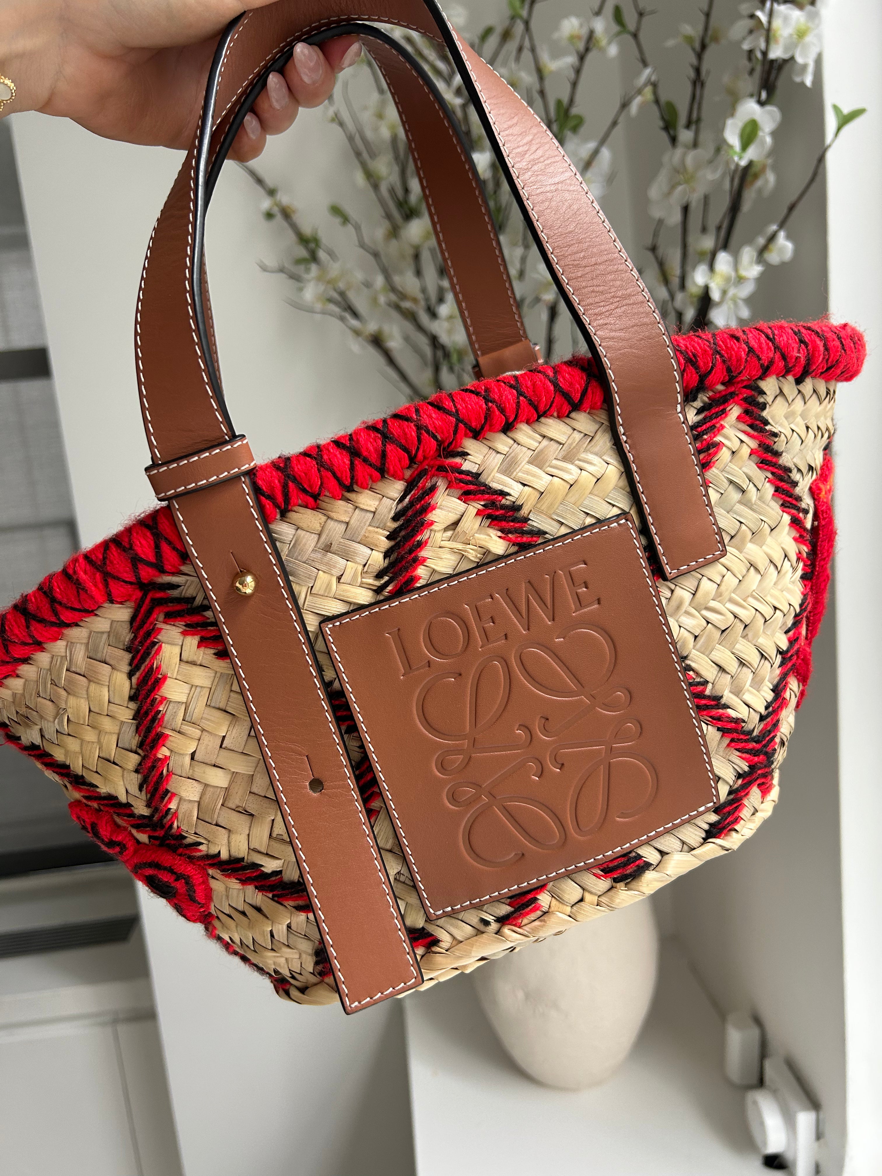 Beige Raffia Red Embroidered Small Basket Tote