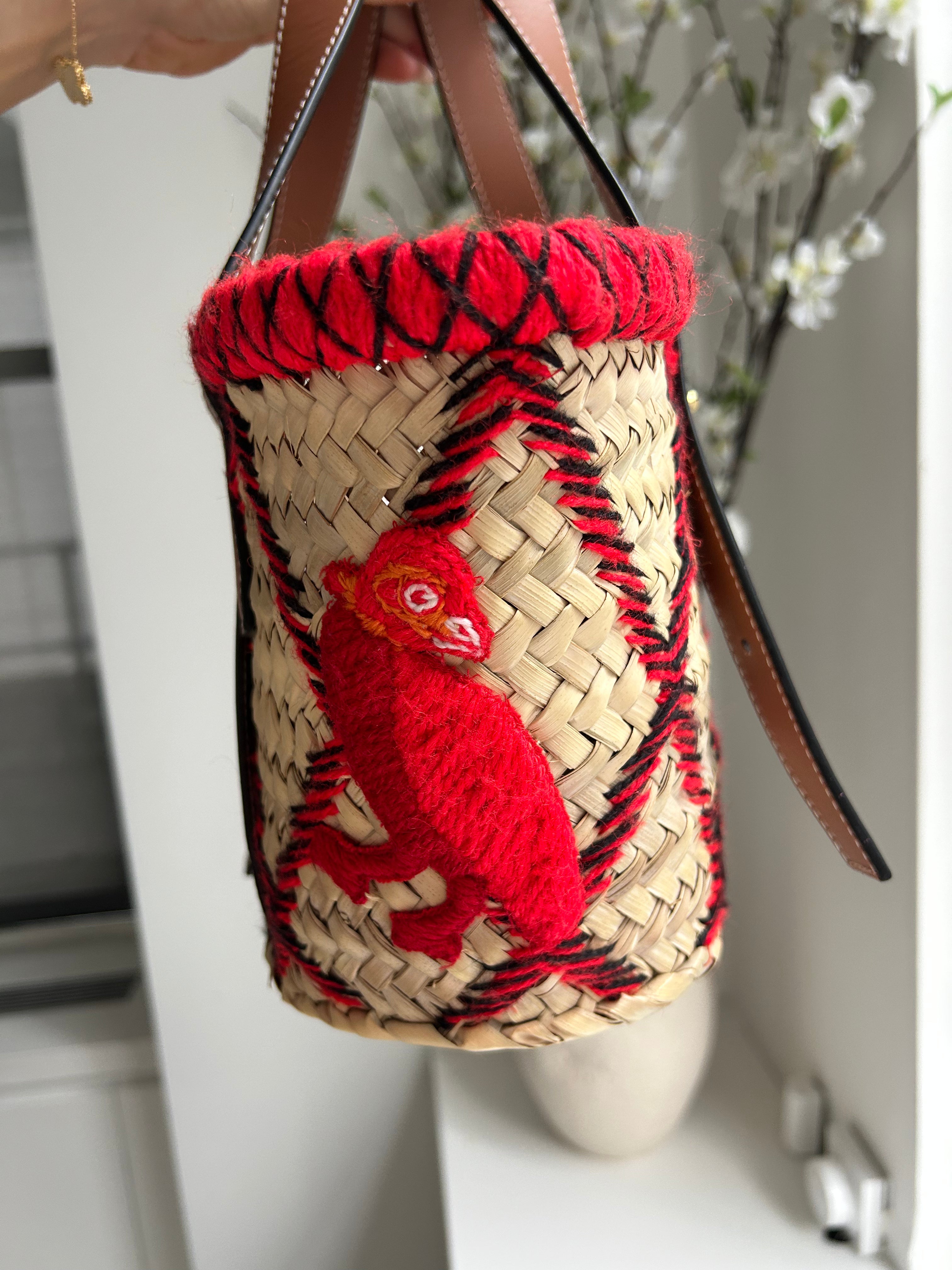Beige Raffia Red Embroidered Small Basket Tote