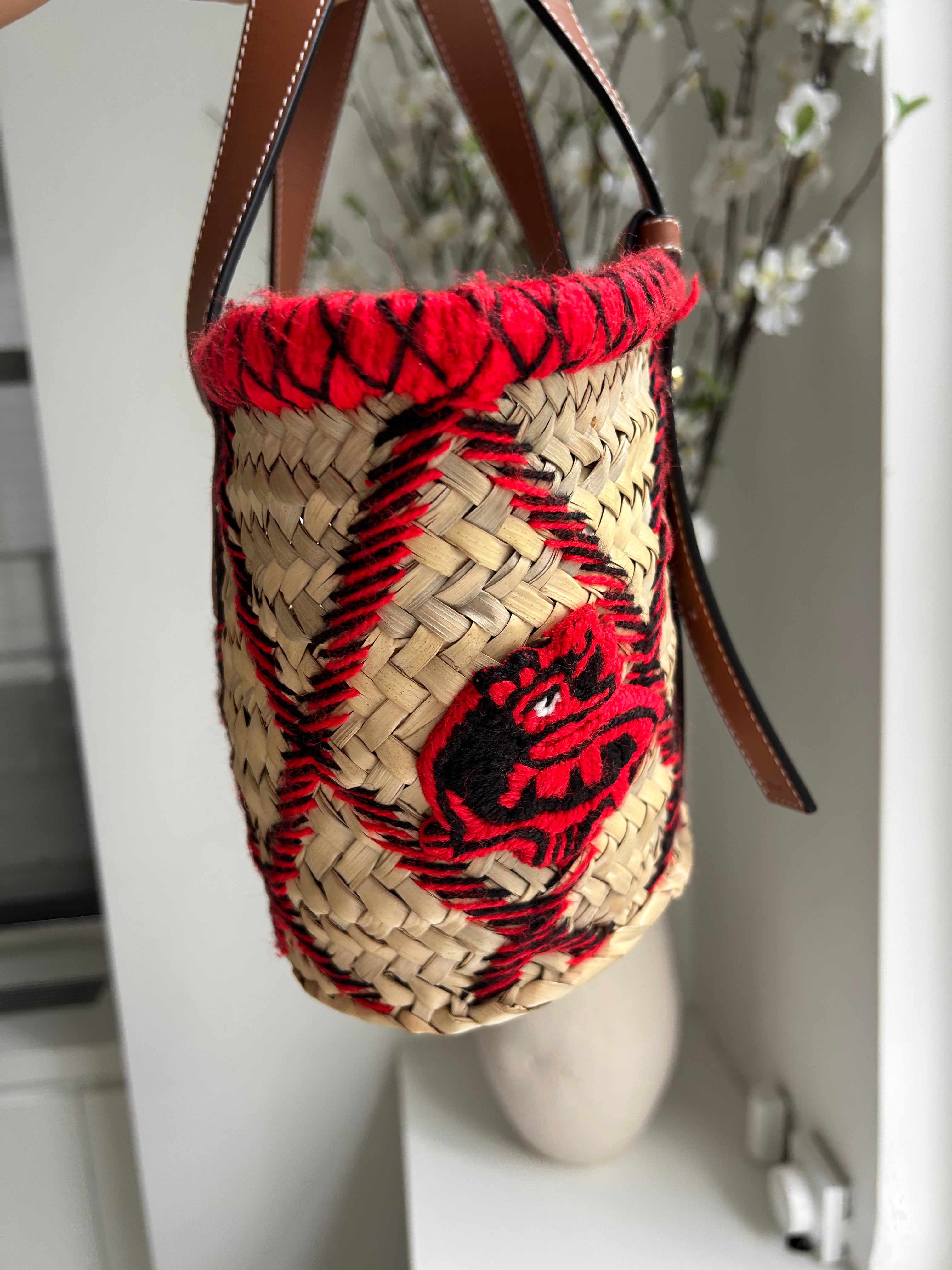 Beige Raffia Red Embroidered Small Basket Tote