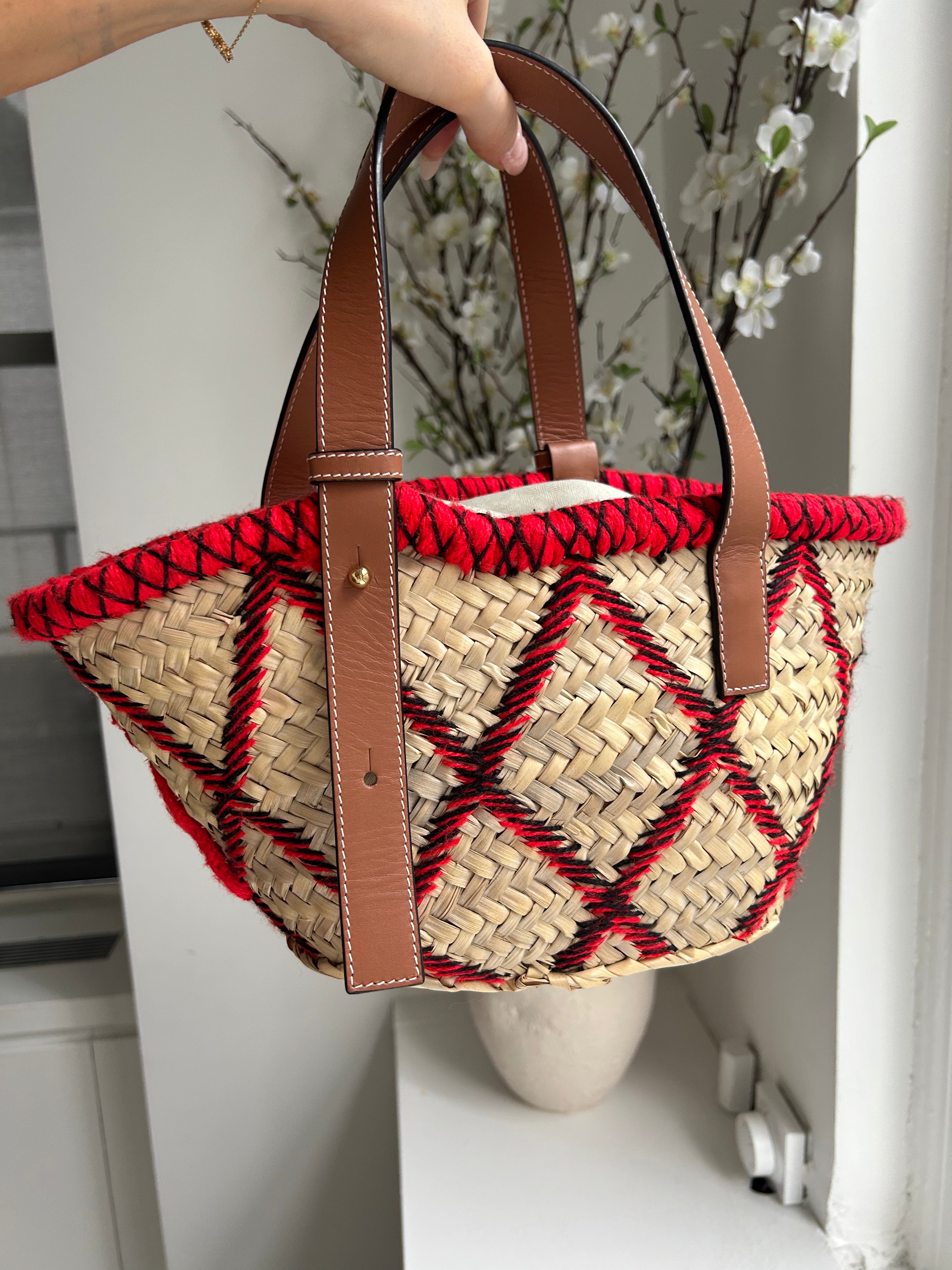Beige Raffia Red Embroidered Small Basket Tote