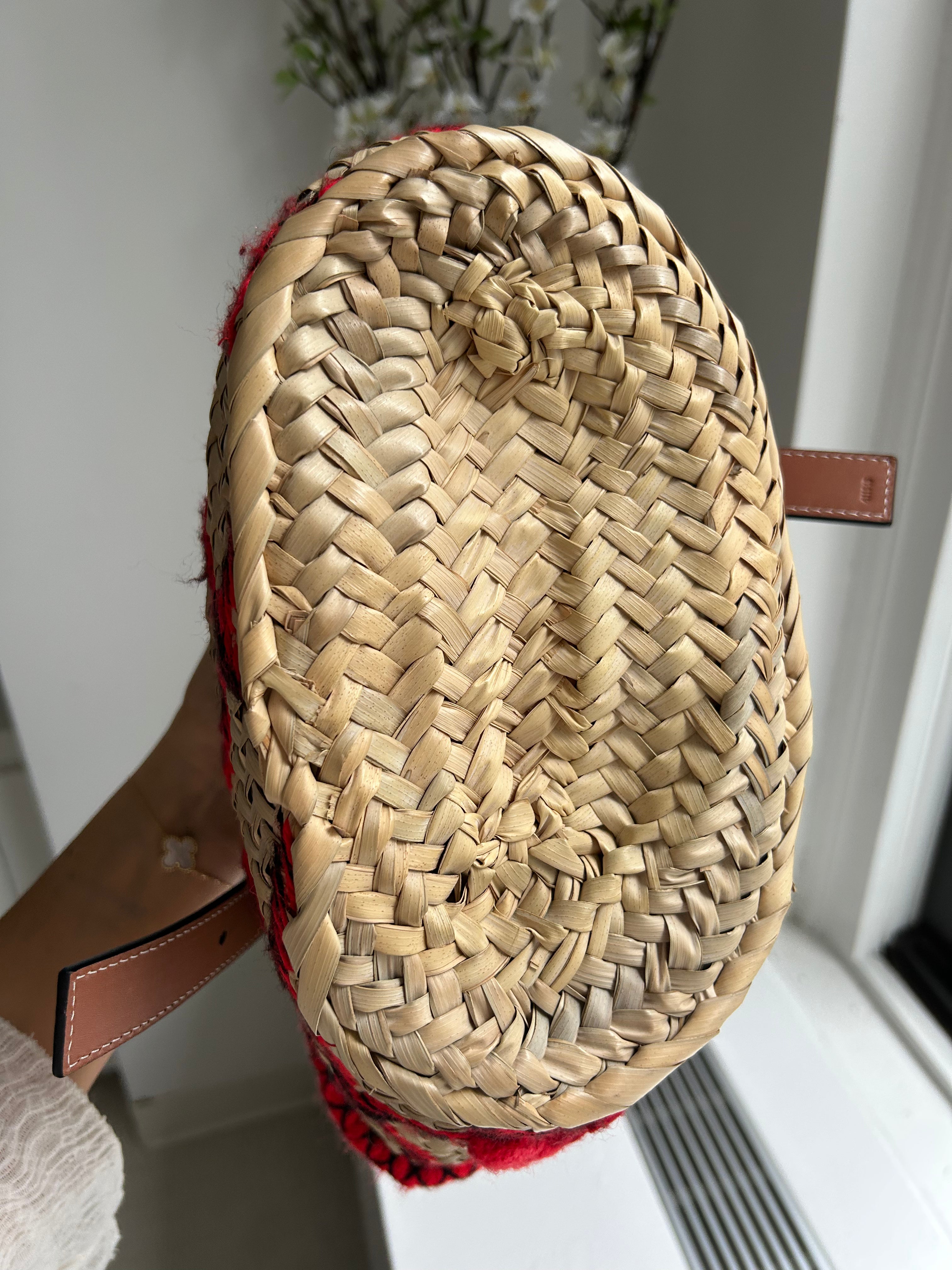 Beige Raffia Red Embroidered Small Basket Tote