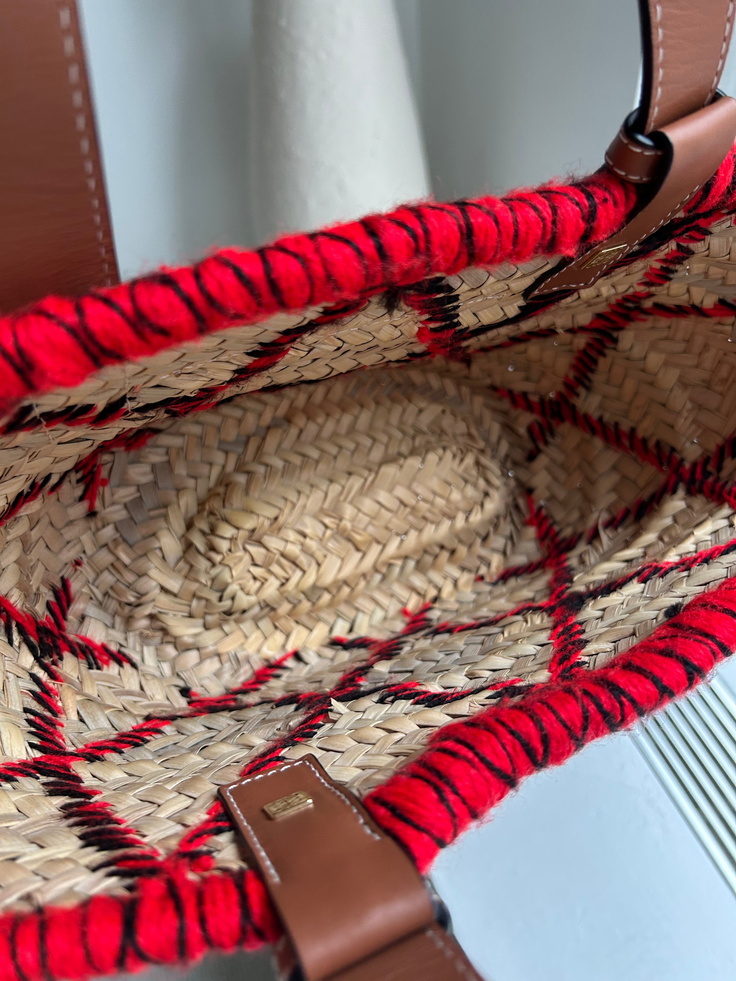 Beige Raffia Red Embroidered Small Basket Tote