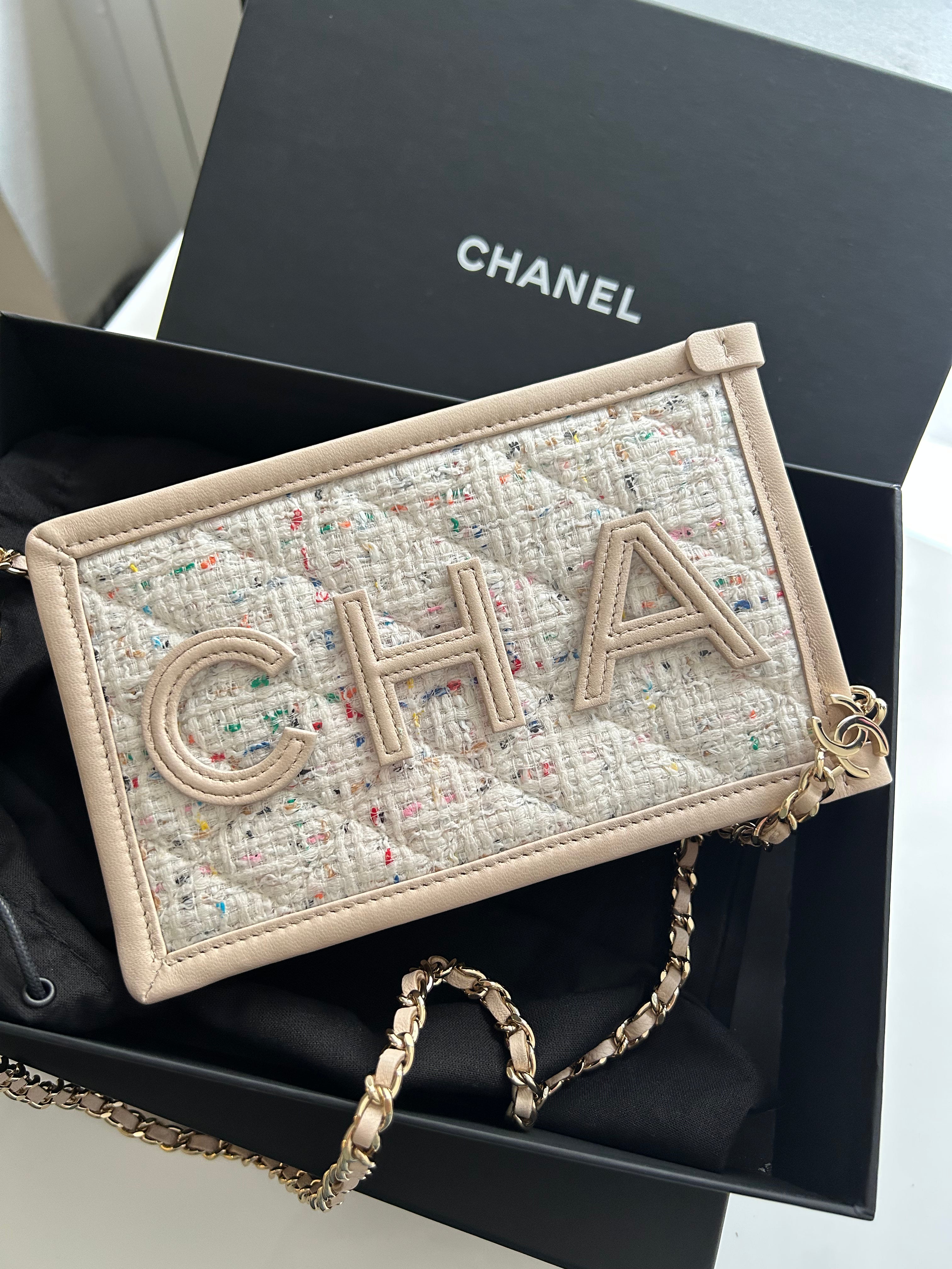 Beige Tweed/PVC Clutch on a Chain