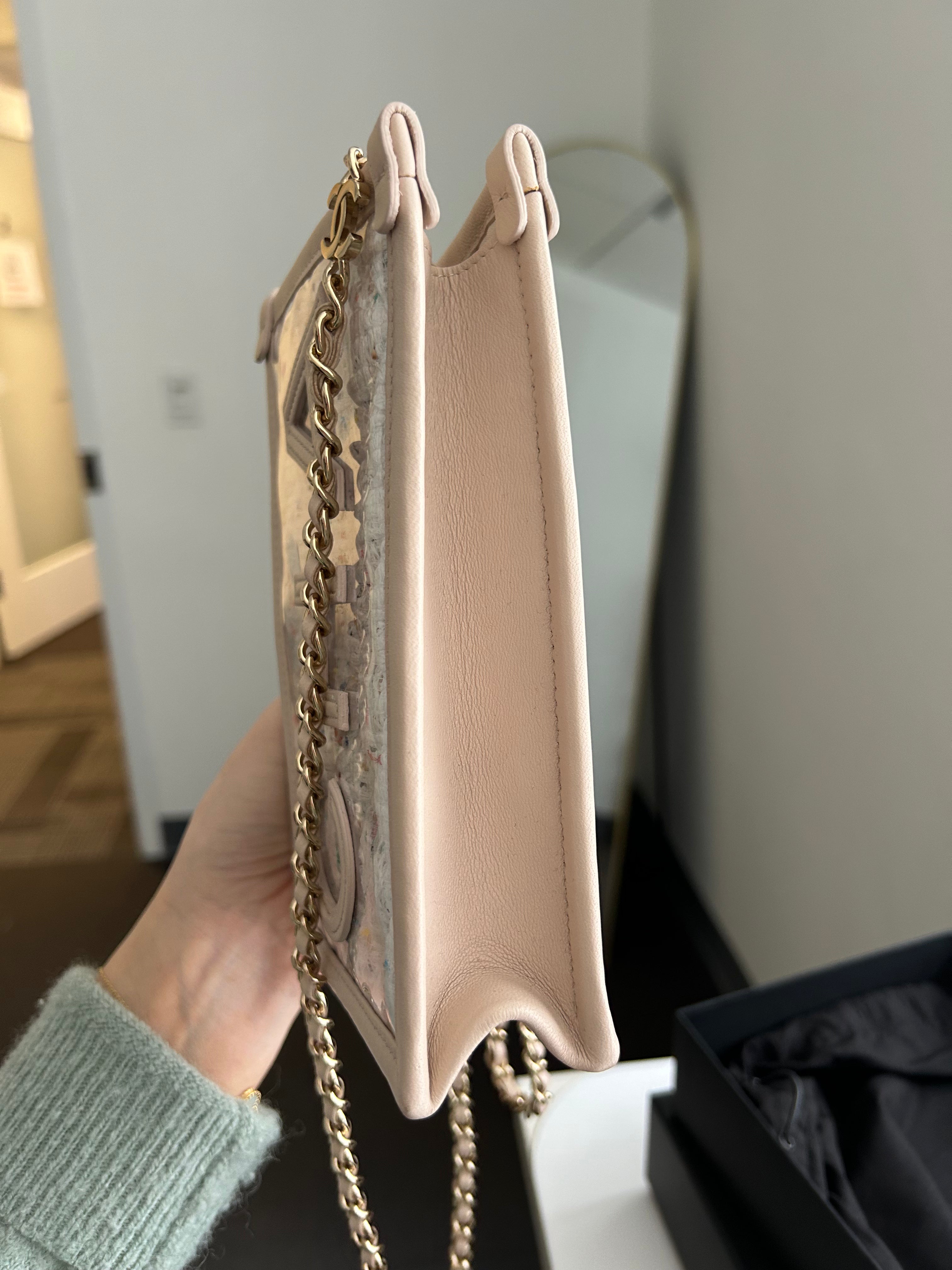Beige Tweed/PVC Clutch on a Chain