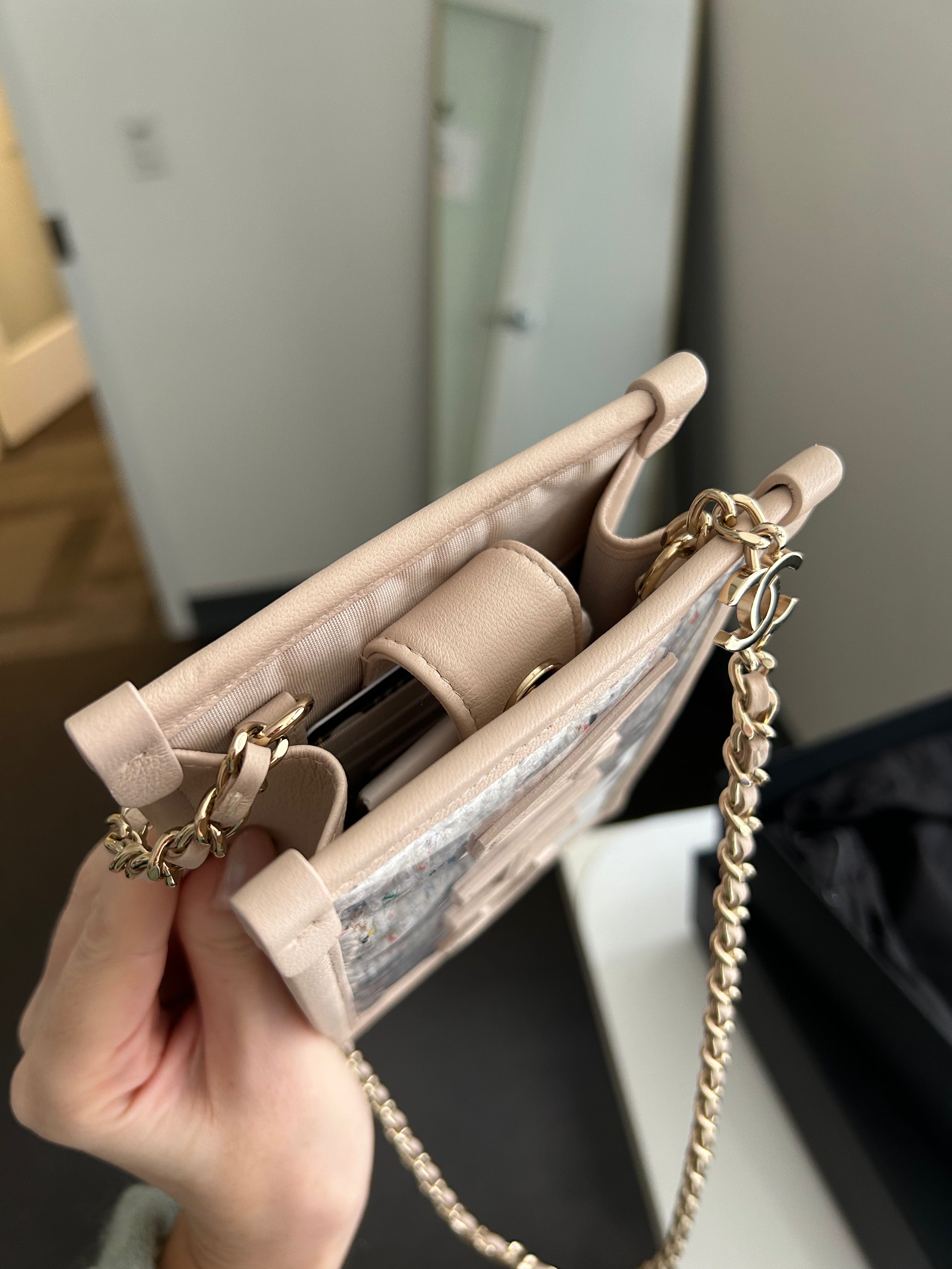 Beige Tweed/PVC Clutch on a Chain