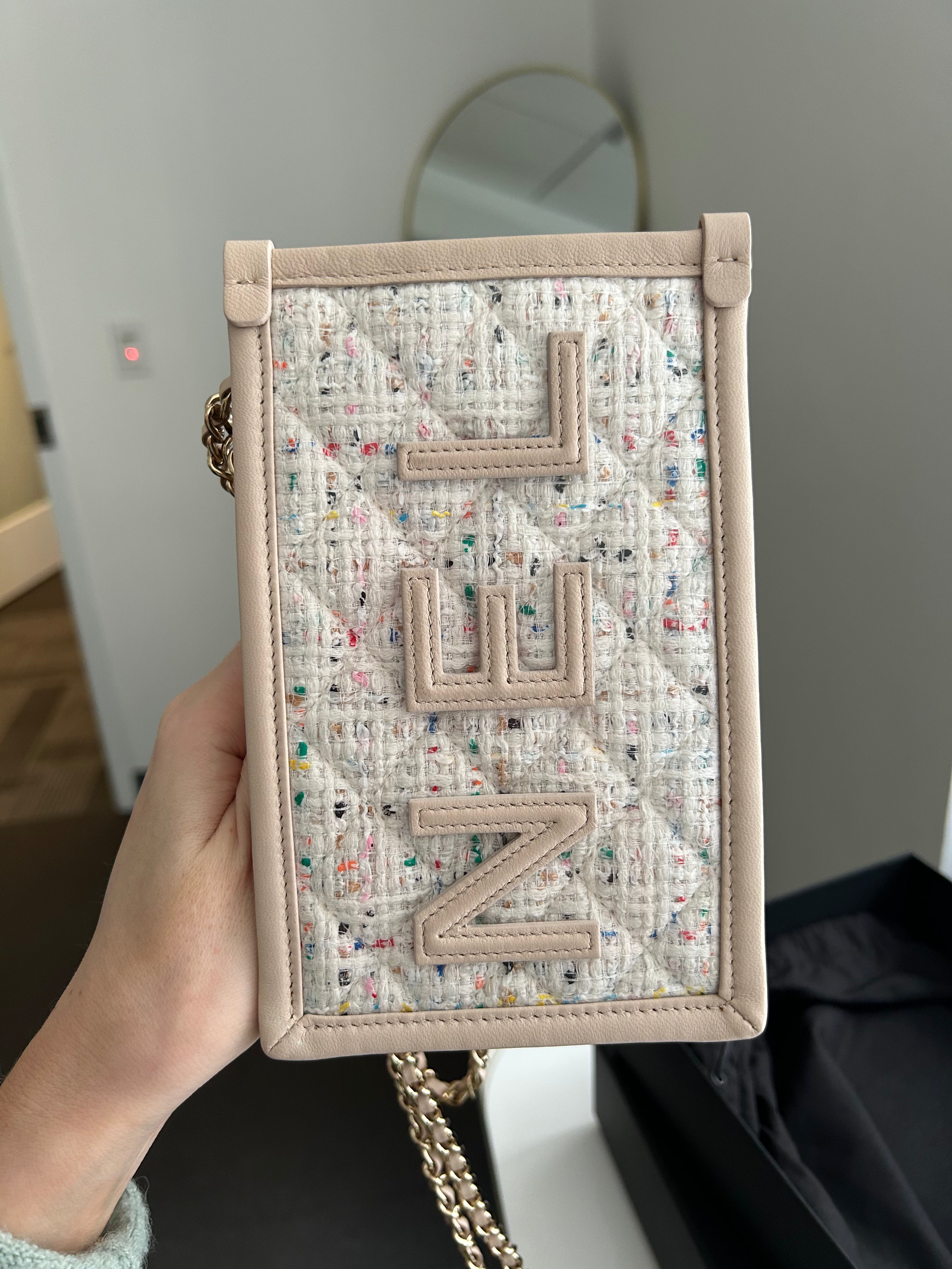 Beige Tweed/PVC Clutch on a Chain