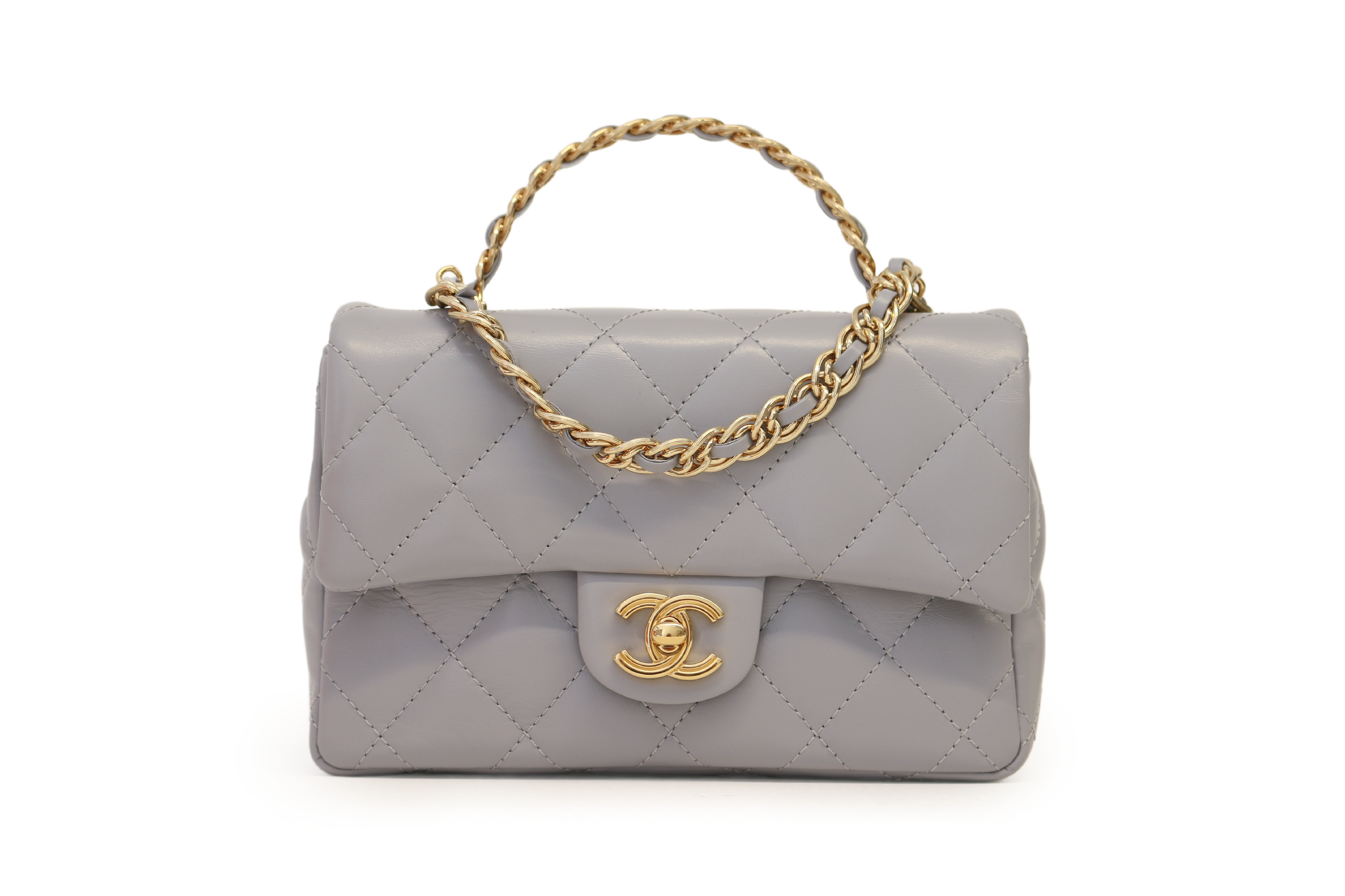 Grey Shiny Lambskin Mini CC Top Handle Flap
