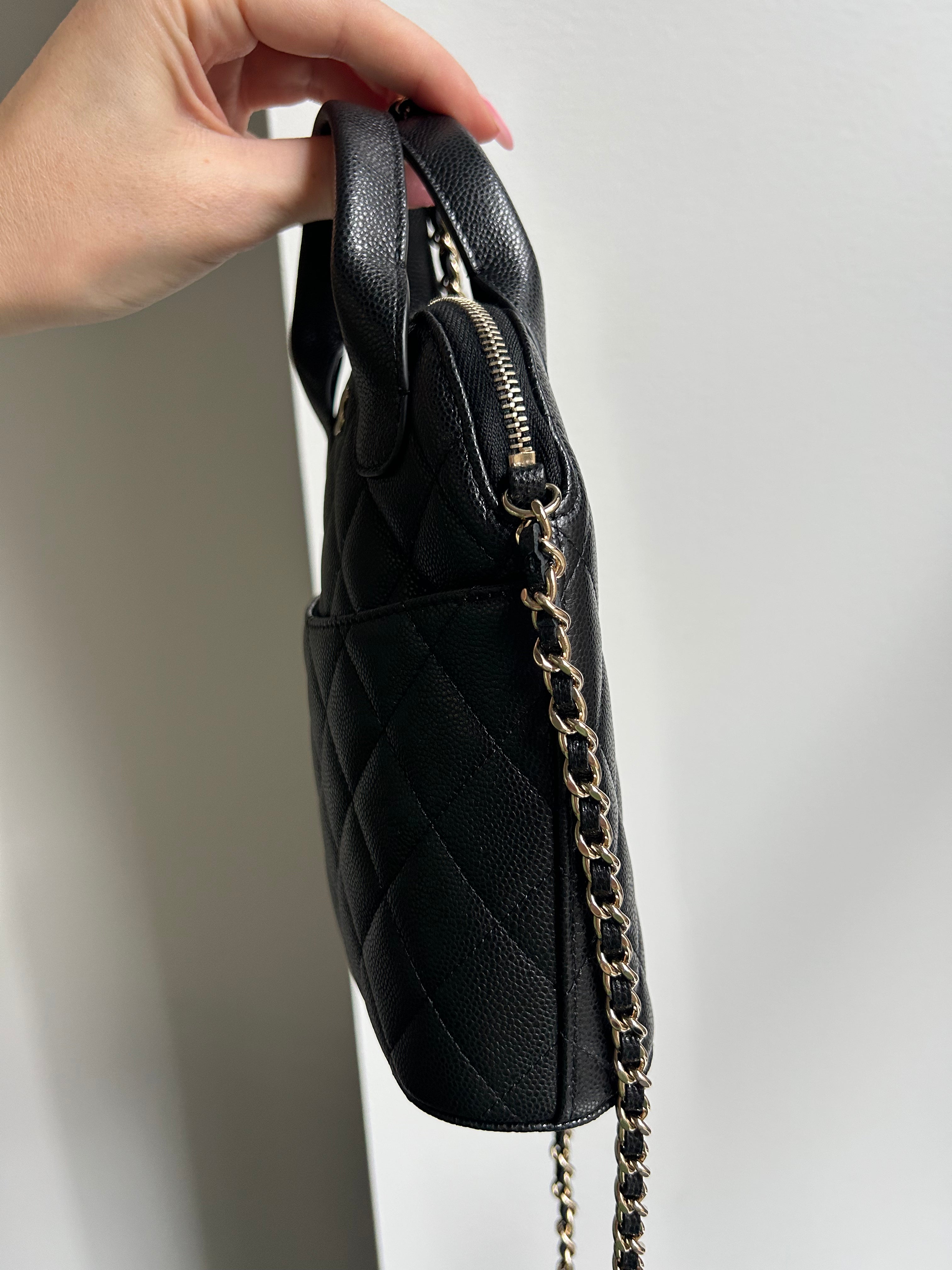 Black Caviar Top Handle Clutch on a Chain