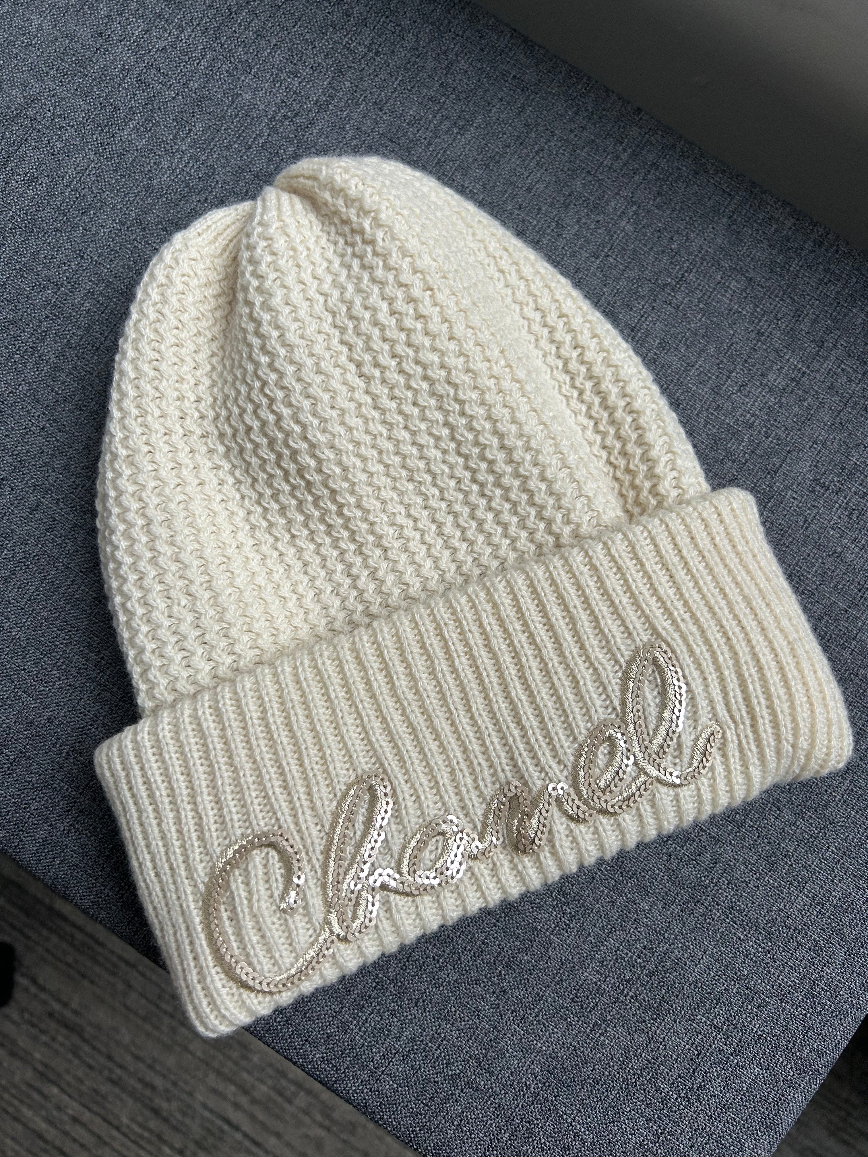 Ivory Cashmere/Sequin Beanie Knit Hat