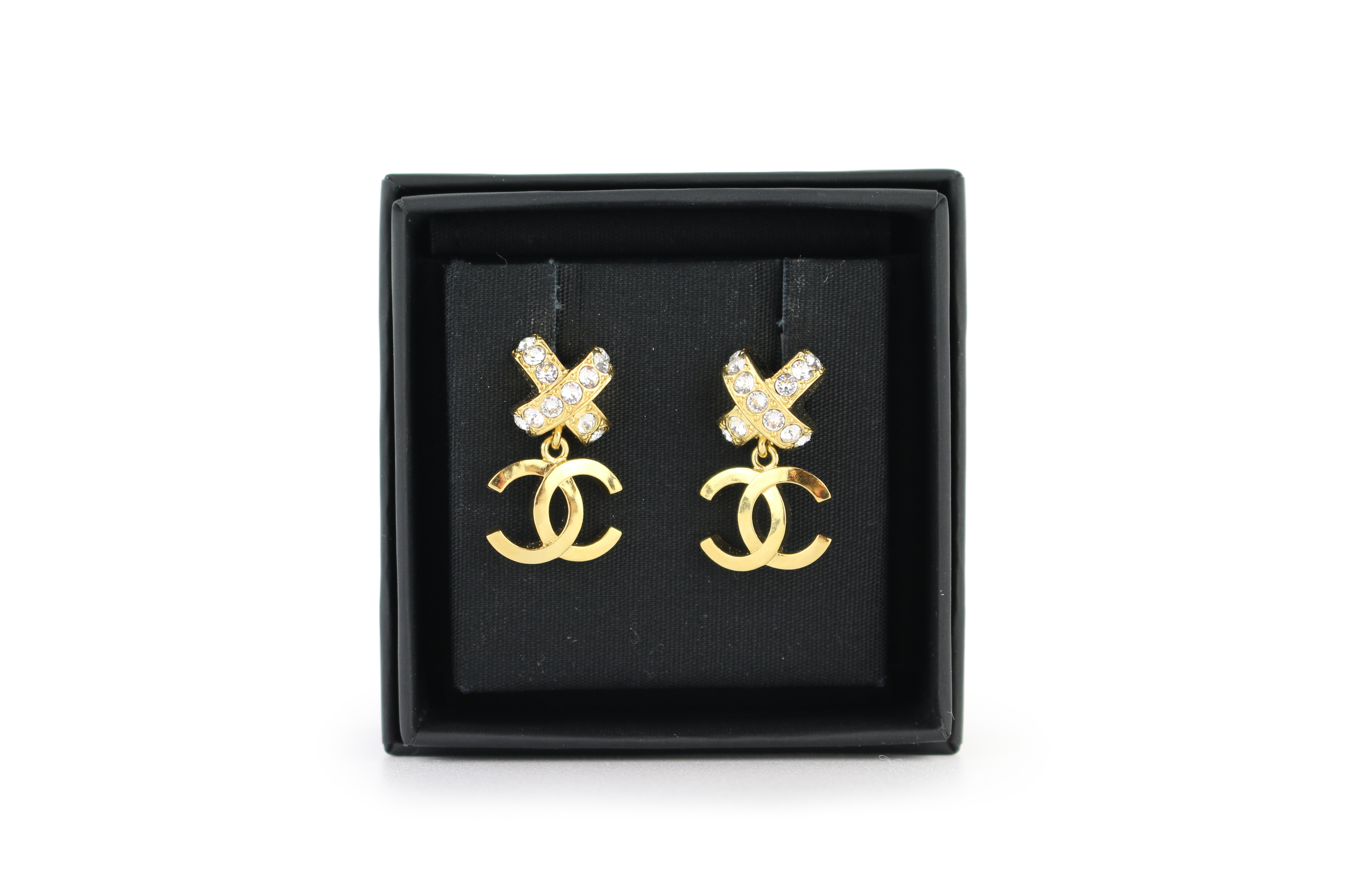Gold/Crystal CC Drop Pendant Earrings