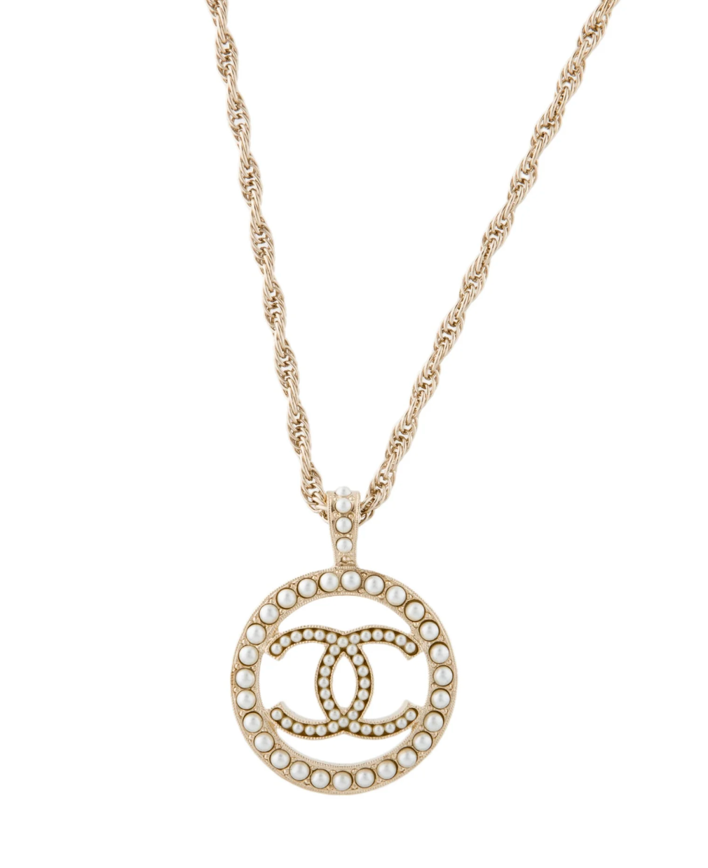 Gold/Pearl CC Circle Pendant Necklace