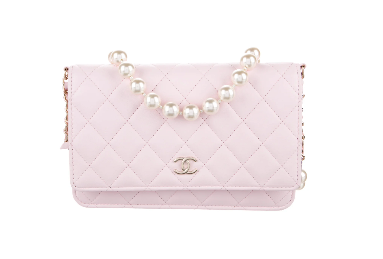 Pale Pink Lambskin Pearl Wallet On Chain