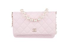 Pale Pink Lambskin Pearl Wallet On Chain
