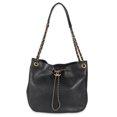 Black Quilted Lambskin CC Drawstring Hobo