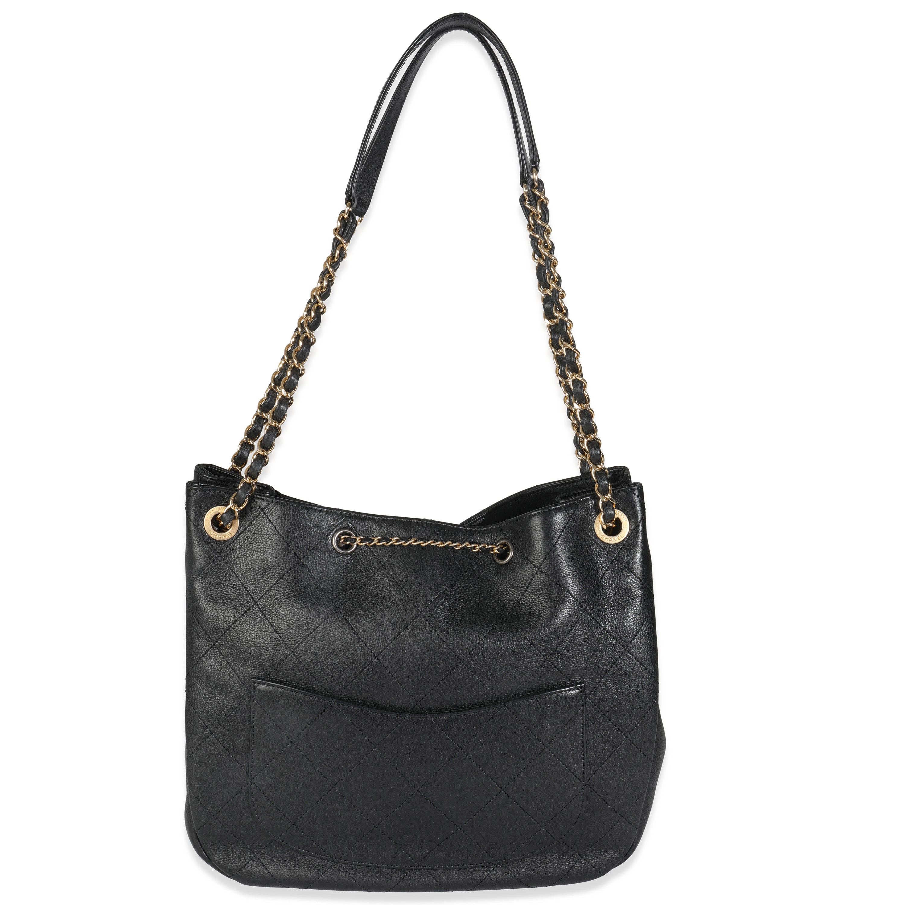 Black Quilted Lambskin CC Drawstring Hobo