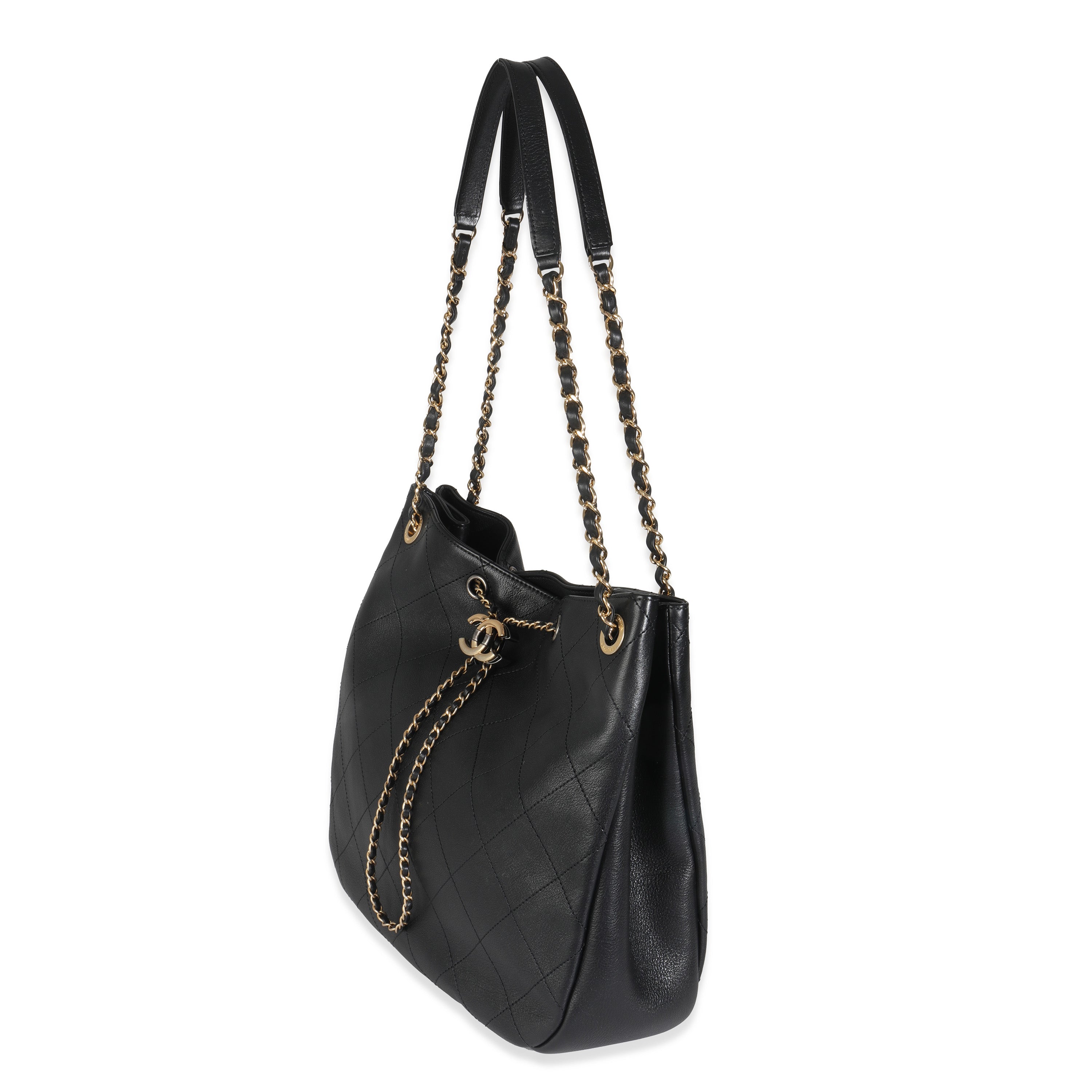 Black Quilted Lambskin CC Drawstring Hobo