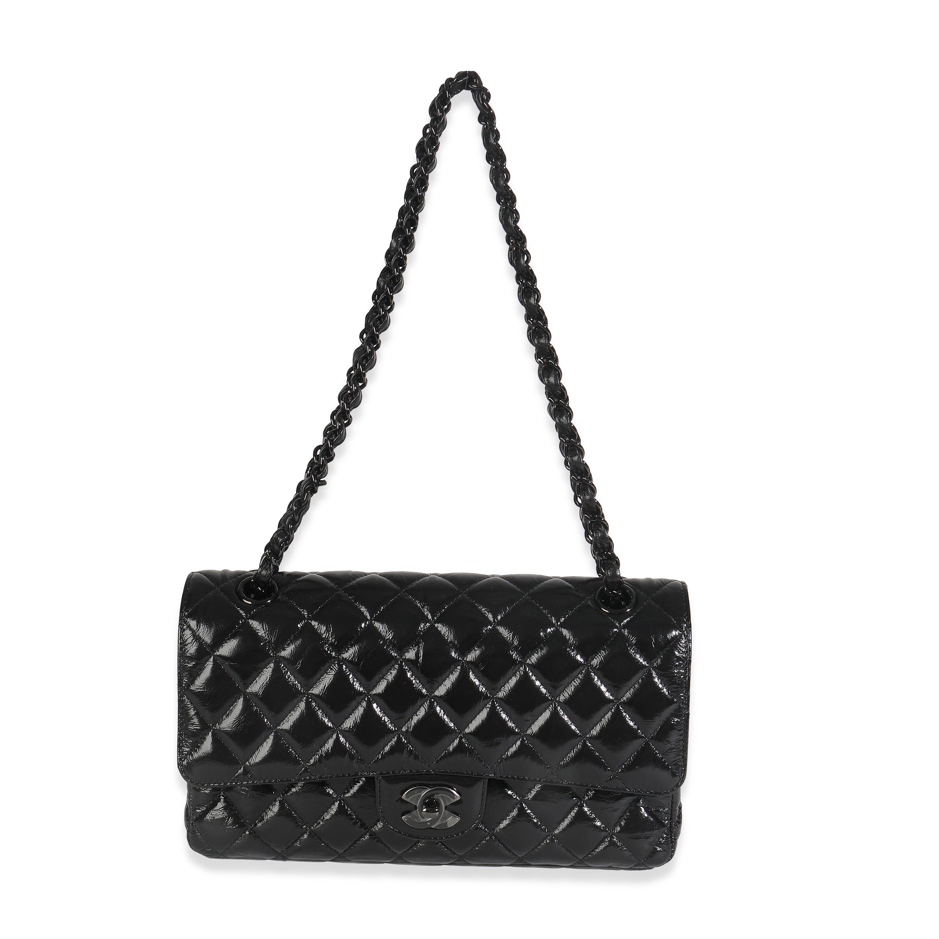 So Black Shiny Crumpled Calfskin Medium Classic Flap