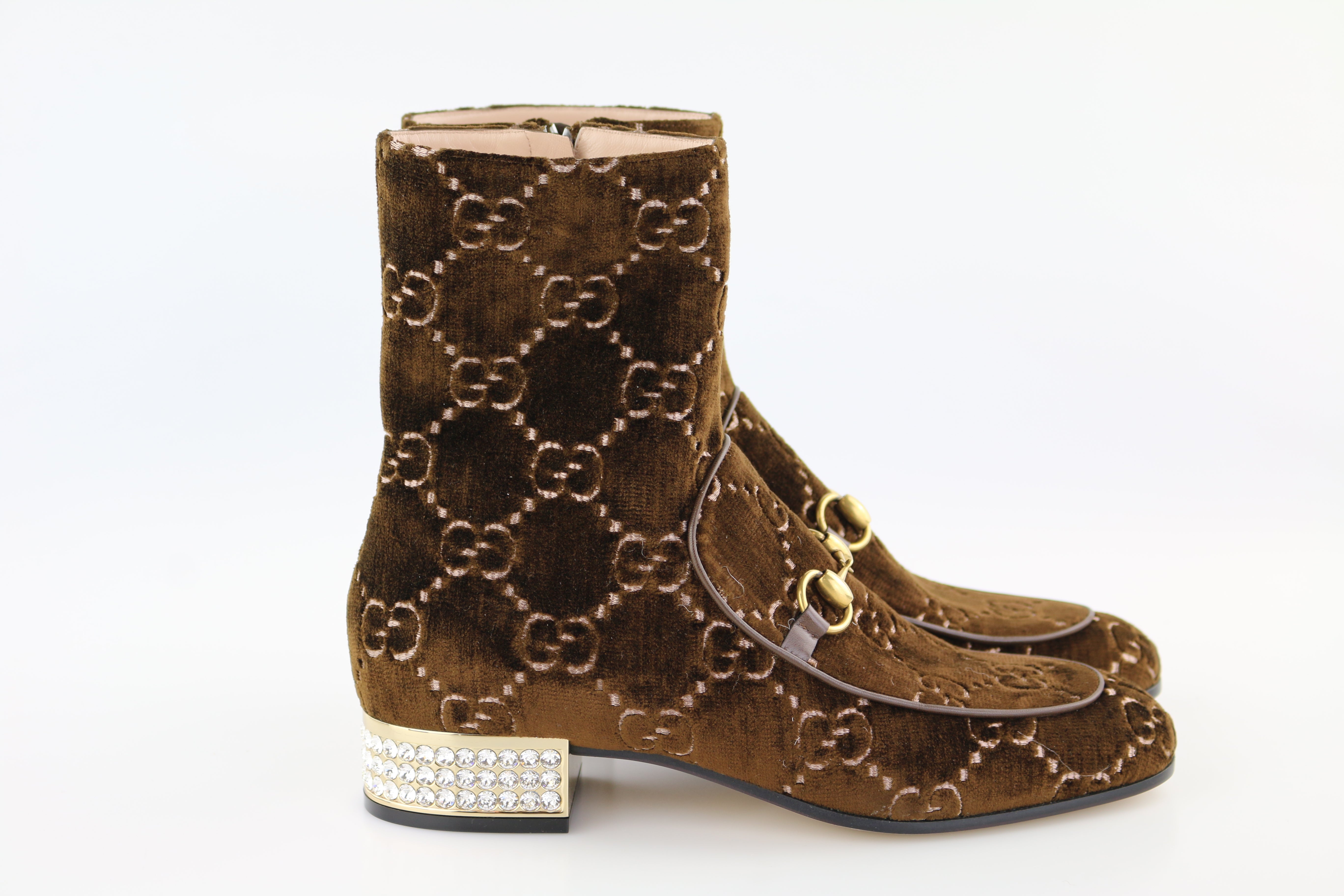 Brown Velvet GG Monogram/Crystal Boots