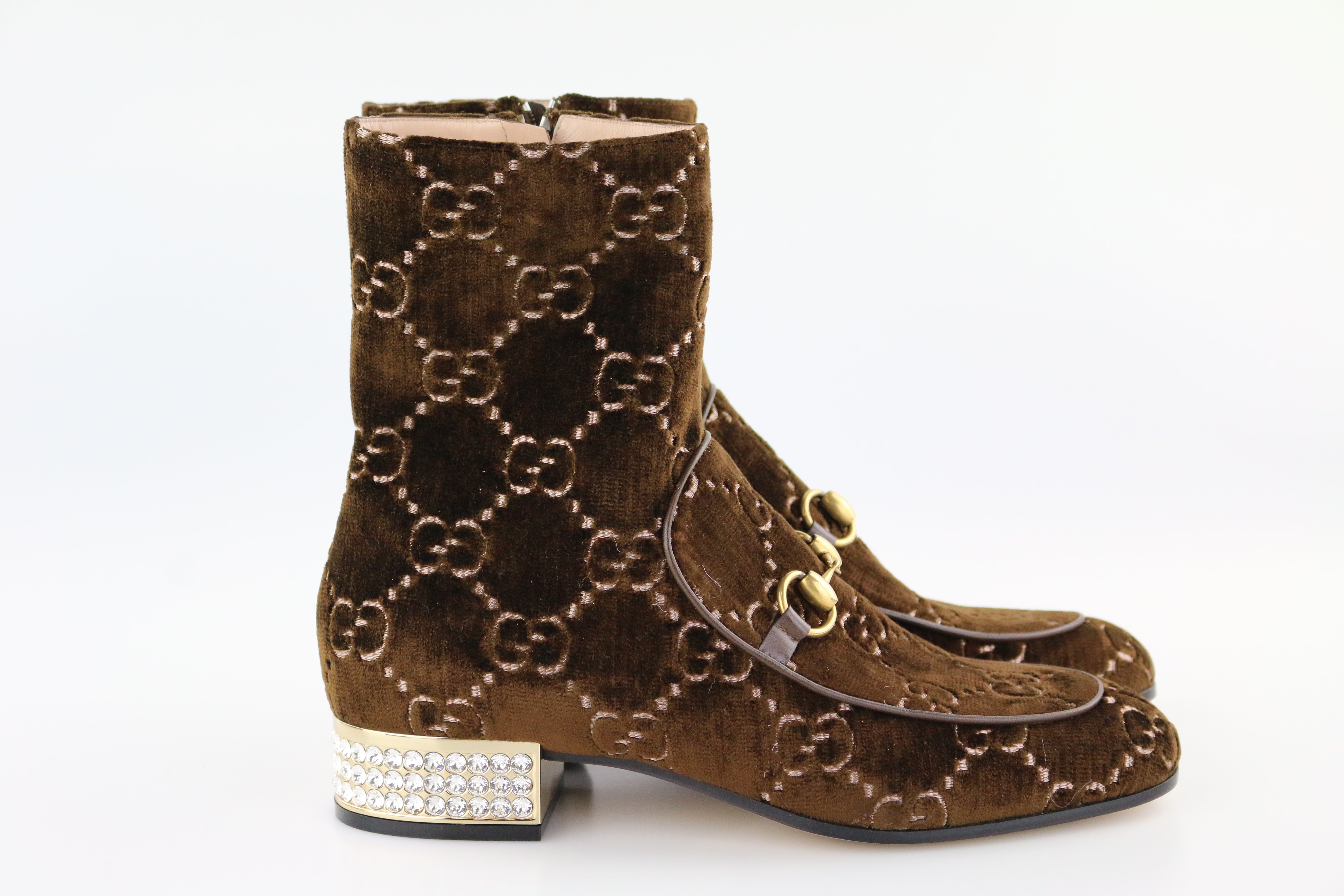 Brown Velvet GG Monogram/Crystal Boots