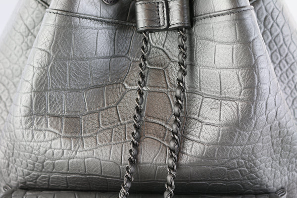 Chanel Silver Croc Embossed Leather Large Backpack Bag - Yoogi's