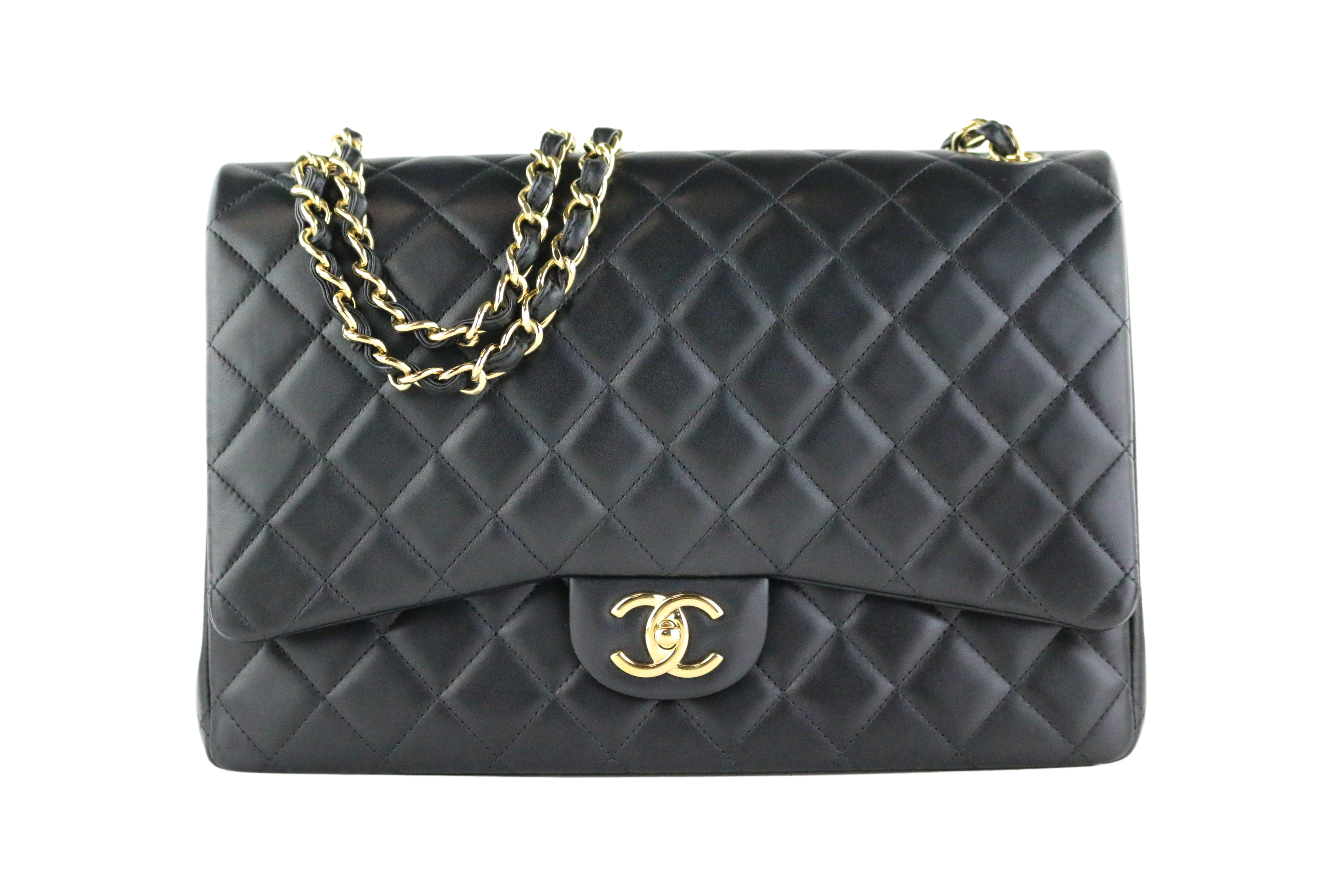 Black Lambskin Double Flap Maxi