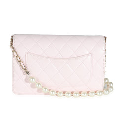 Pale Pink Lambskin Pearl Wallet On Chain