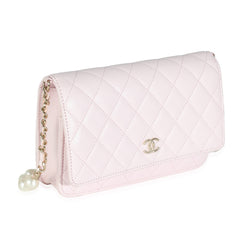 Pale Pink Lambskin Pearl Wallet On Chain
