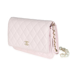 Pale Pink Lambskin Pearl Wallet On Chain
