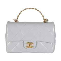Grey Shiny Lambskin Mini CC Top Handle Flap