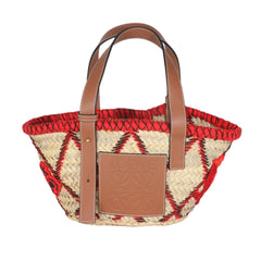 Beige Raffia Red Embroidered Small Basket Tote