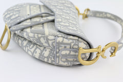 Embroidered Grey Oblique Medium Canvas Saddle Bag
