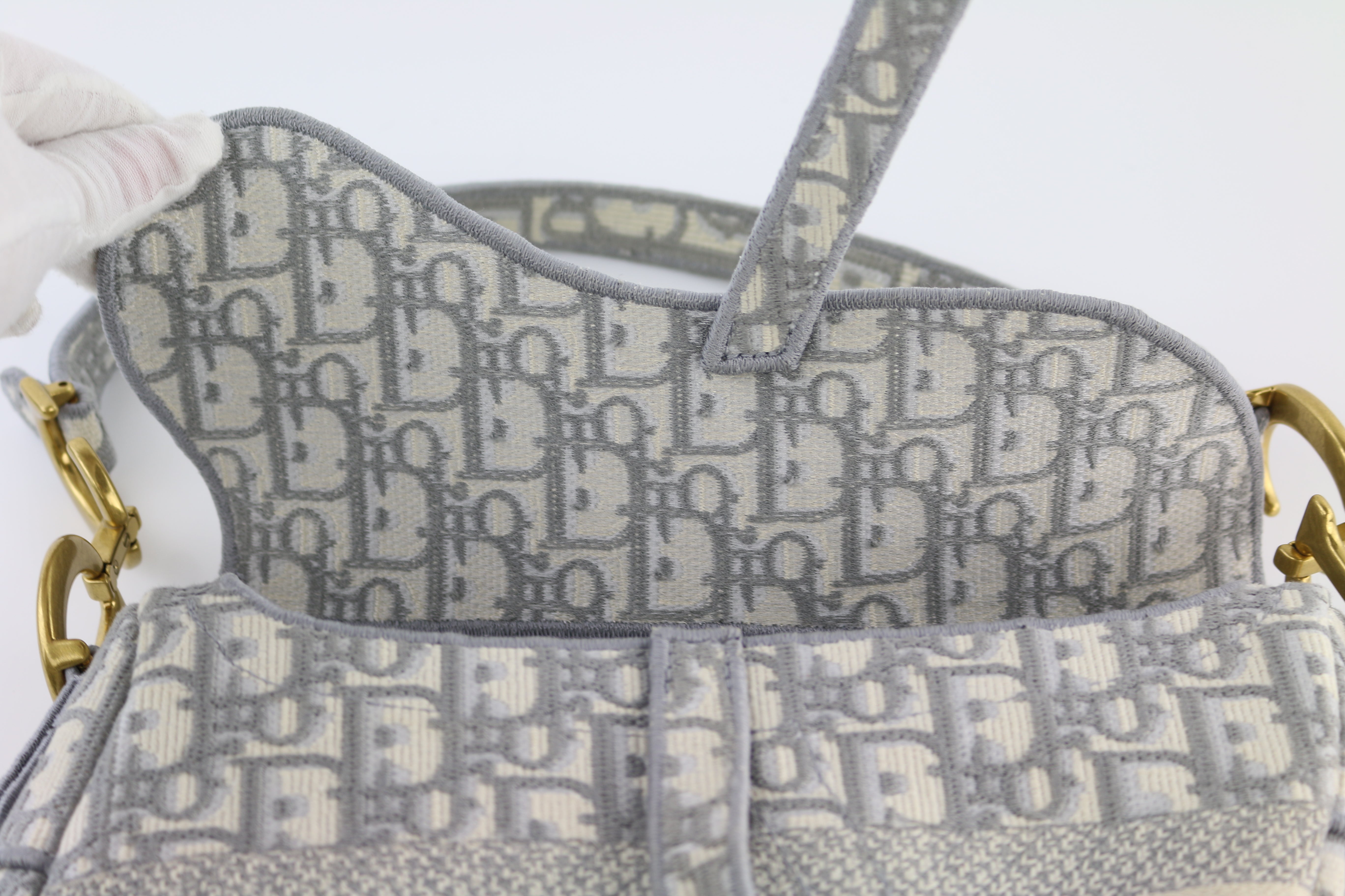 Embroidered Grey Oblique Medium Canvas Saddle Bag