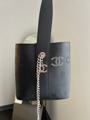 Black Calfskin/Tweed Small Piercing Light Bucket Bag
