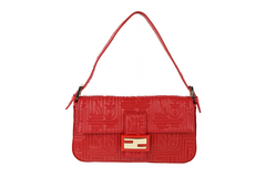 Red Leather Logo Embossed Small Baguette