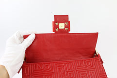 Red Leather Logo Embossed Small Baguette