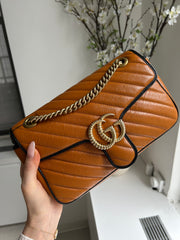 Cognac Calfskin Matelasse Diagonal Small Torchon GG Marmont Flap