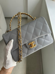 Grey Shiny Lambskin Mini CC Top Handle Flap