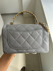 Grey Shiny Lambskin Mini CC Top Handle Flap