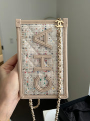 Beige Tweed/PVC Clutch on a Chain