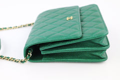 Green Iridescent Caviar Square Wallet on a Chain