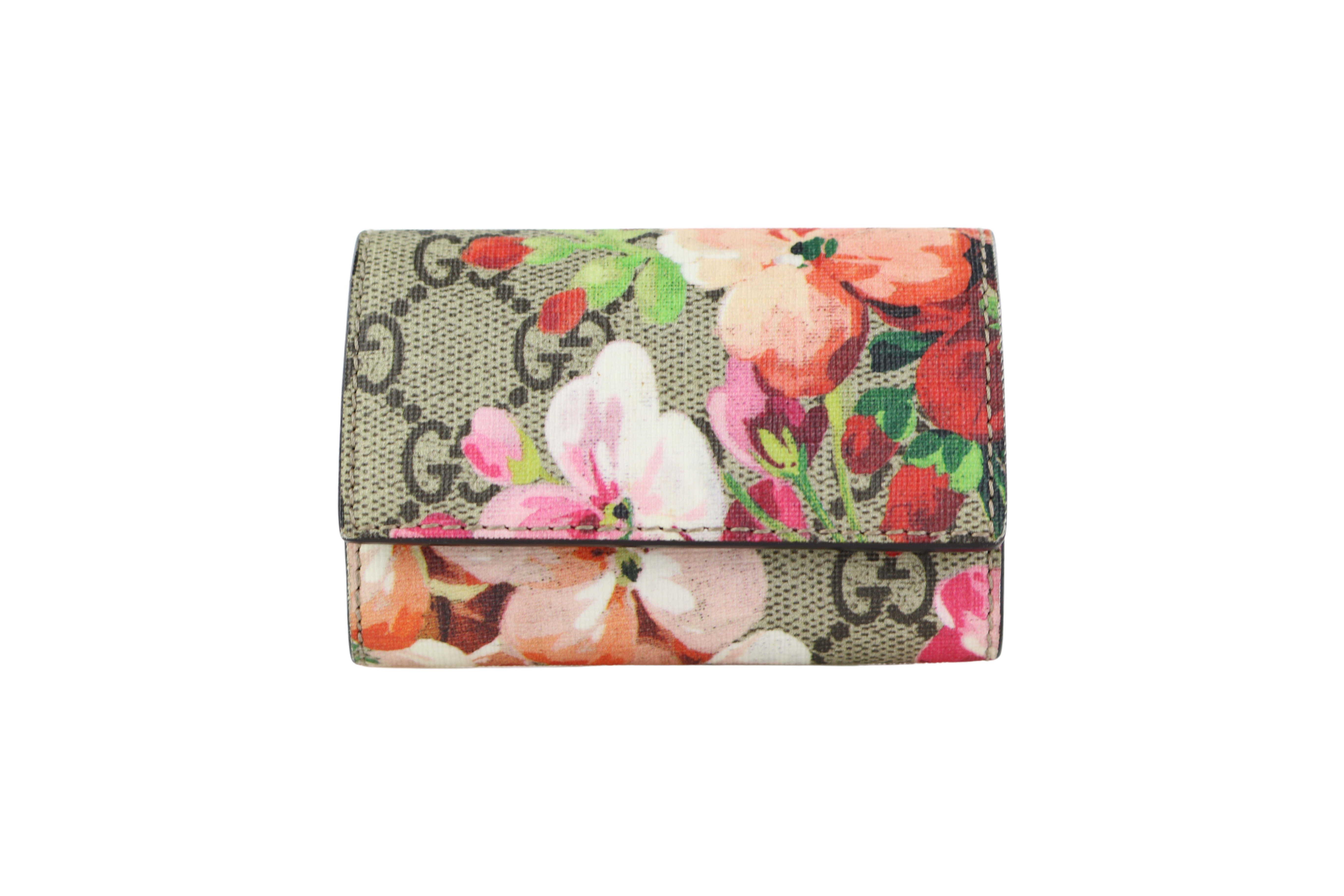 Gucci D Ring Key Case Blooms GG Pink/Brown in Coated Canvas with